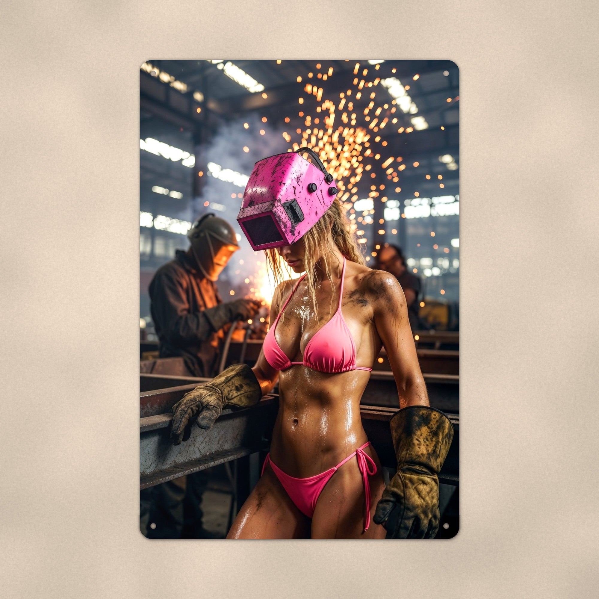 Welder taking a break amid a shower of sparks Metal Wall Art, Aluminum Sign, Retro Pinup Wall Decor, Vintage Pin-Up Gift