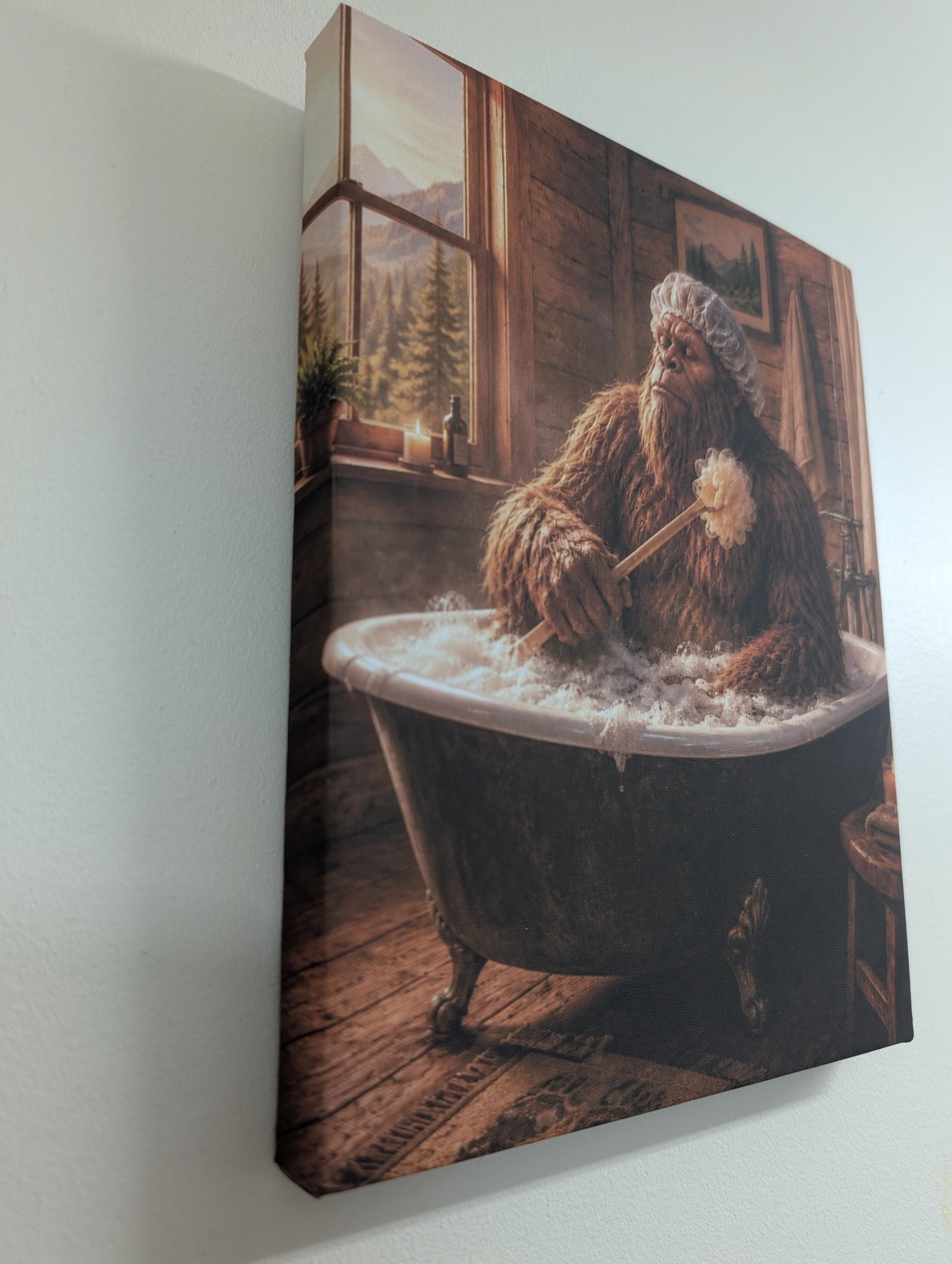 Bubble Bath Bigfoot Canvas Print Canvas Print — shown on a rustic wall