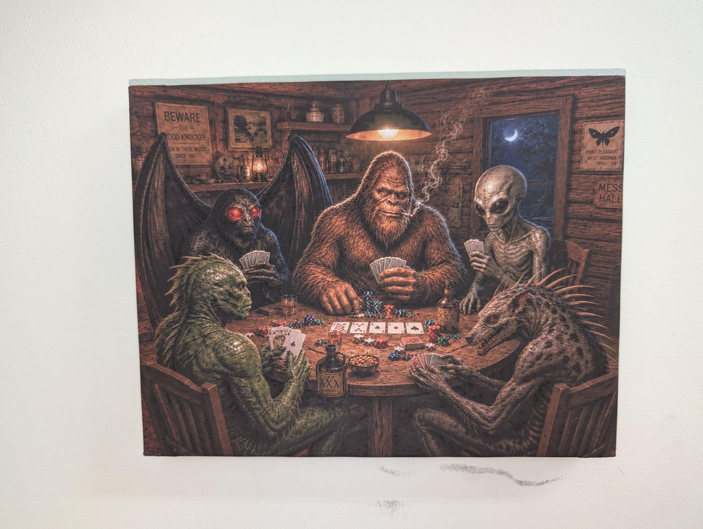 Cryptid Poker Night Canvas Print Canvas Print — shown on a rustic wall