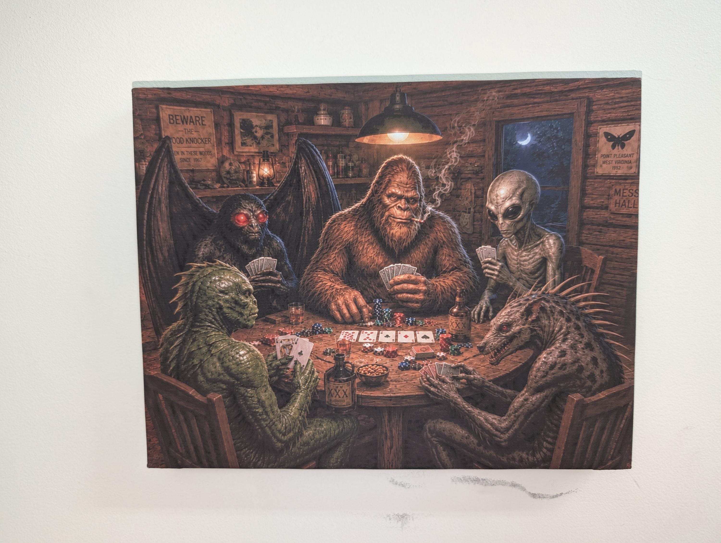 Cryptid Poker Night Canvas Print Canvas Print — shown on a rustic wall