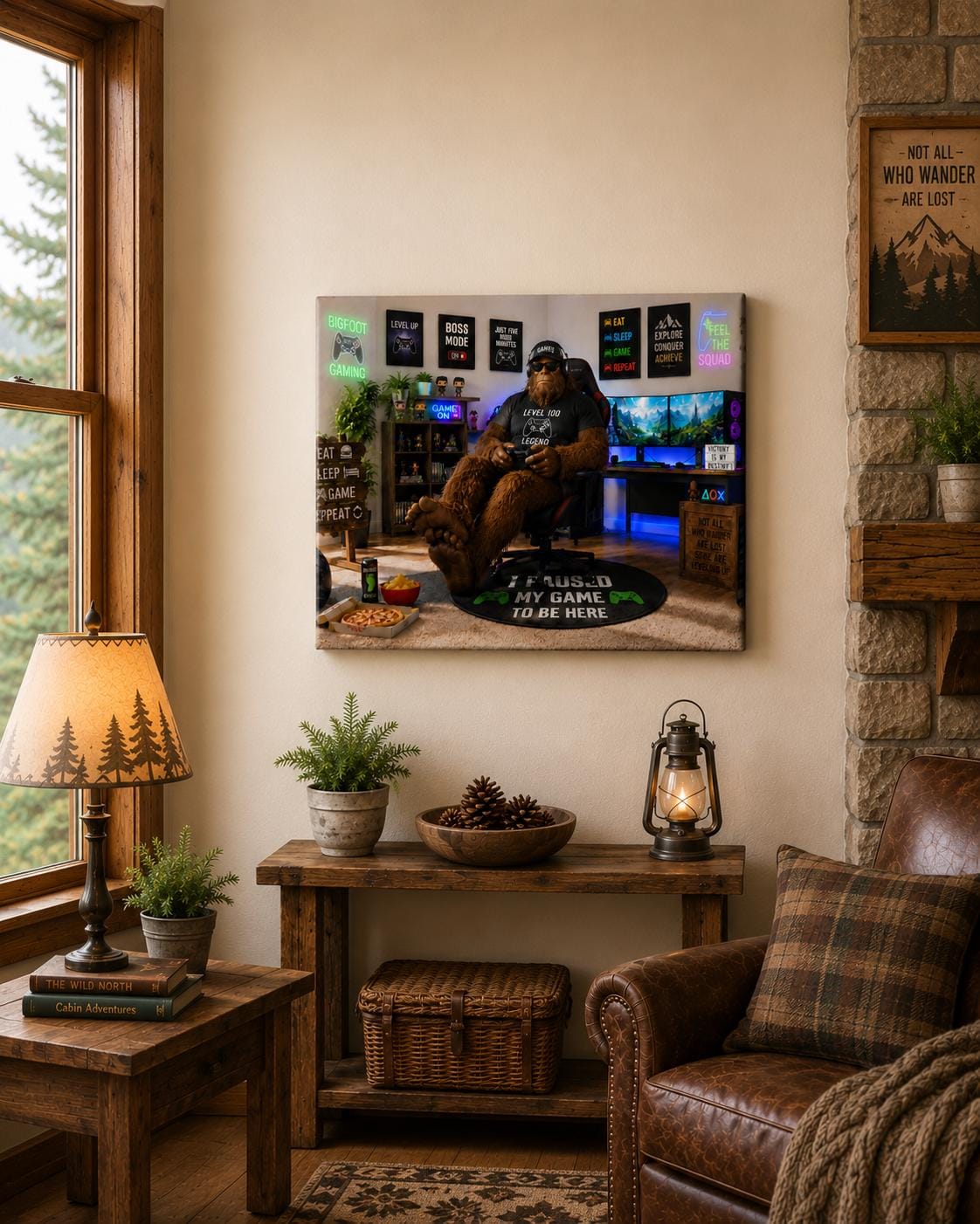 Gamer Bigfoot Canvas Print Canvas Print — shown on a rustic wall