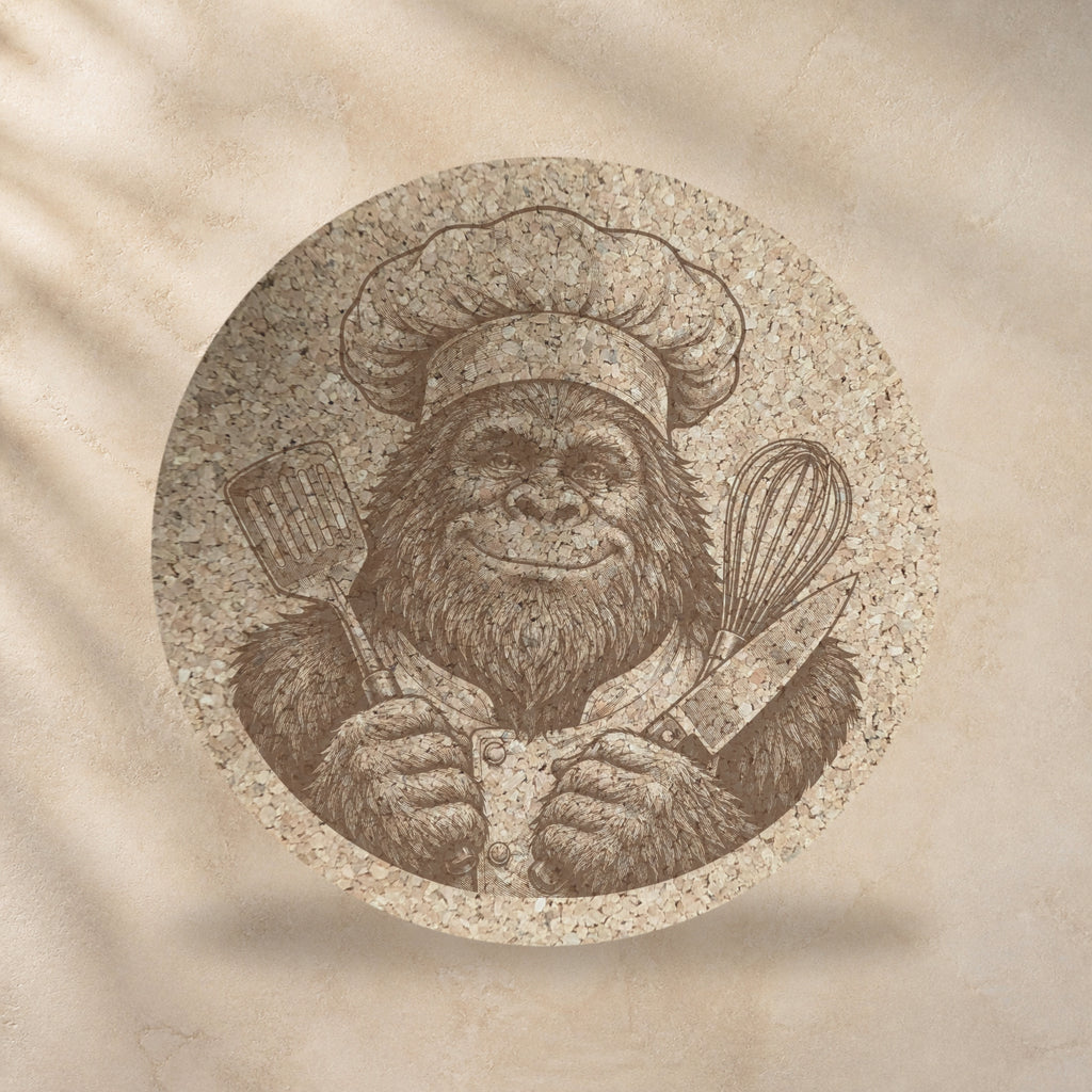 Round cork trivet with Bigfoot chef holding kitchen utensils, sepia print on natural cork