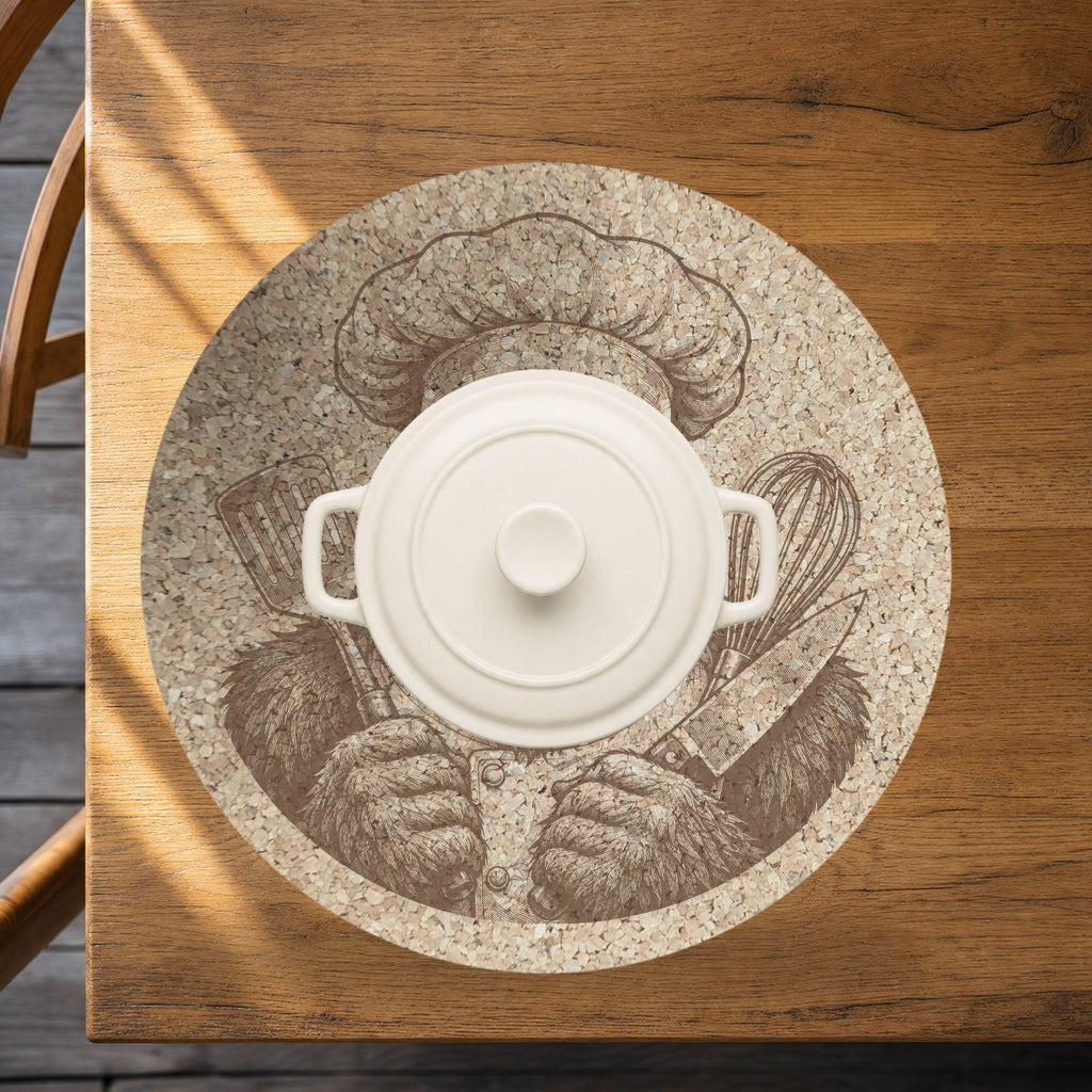 Bigfoot Chef Cork Trivet, Funny Sasquatch Kitchen Decor, Round Hot Pad for Pots & Pans, Cabin Kitchen Gift, Made in Ohio