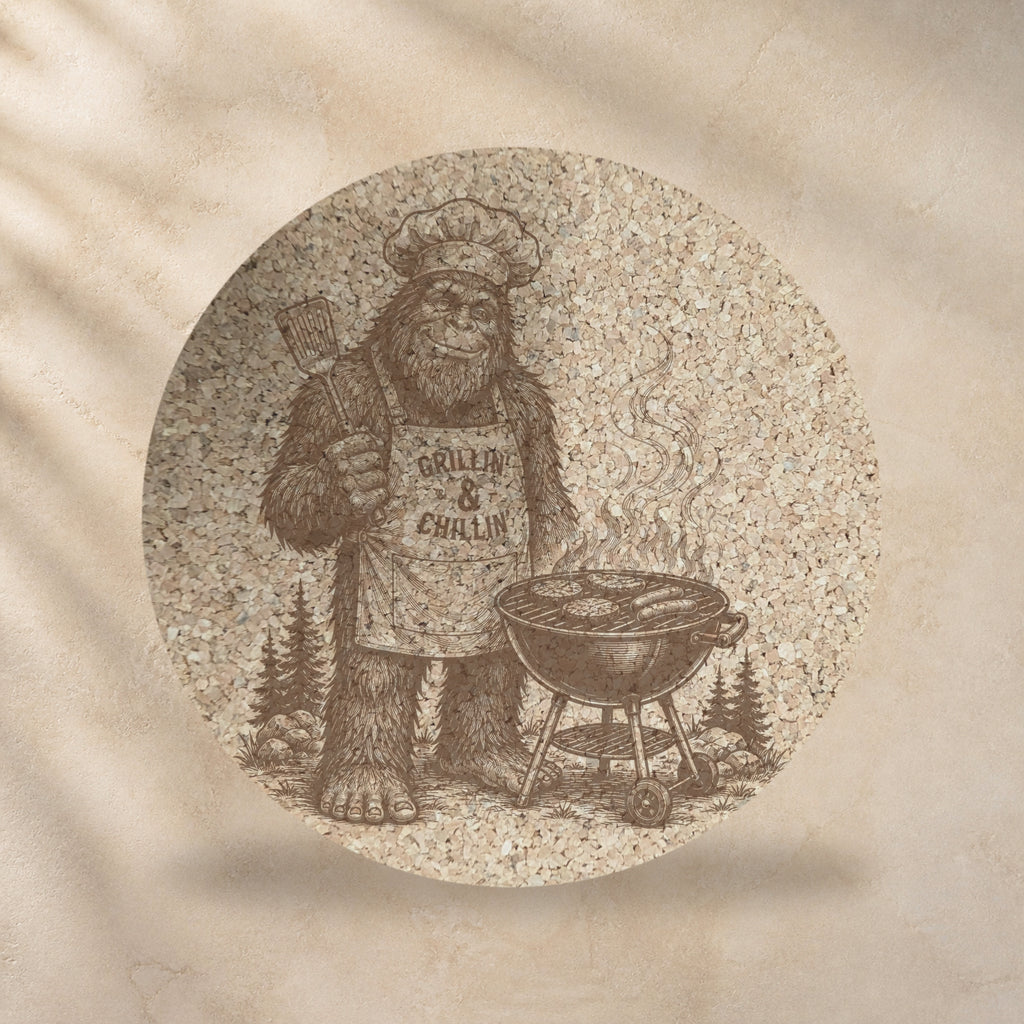 Round cork trivet showing Bigfoot grilling at a campfire, warm brown print on cork