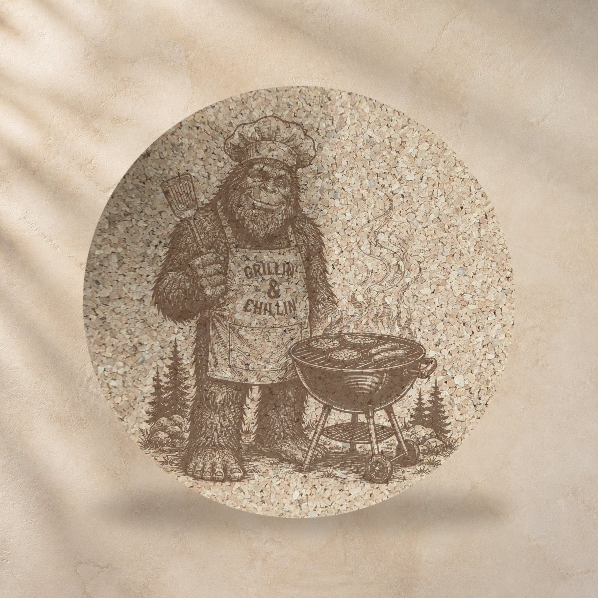 Round cork trivet showing Bigfoot grilling at a campfire, warm brown print on cork