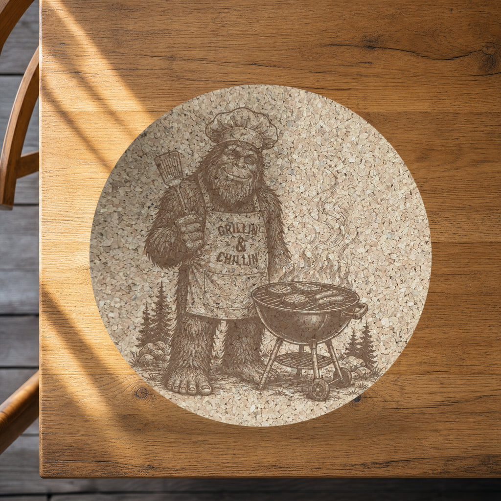 Grillin and Chillin Bigfoot Cork Trivet, BBQ Sasquatch Hot Pad, Funny Grill Gift for Dad, Round Kitchen Trivet, Made in Ohio