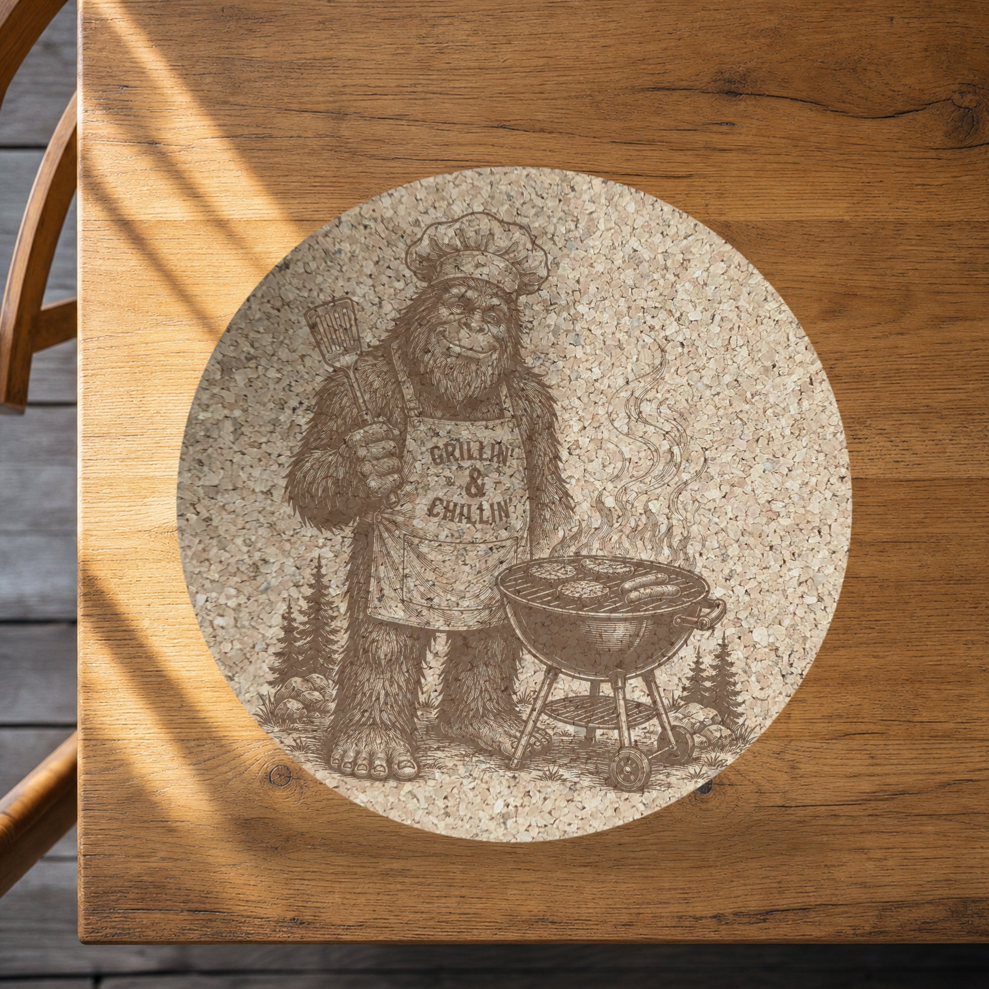 Grillin and Chillin Bigfoot Cork Trivet, BBQ Sasquatch Hot Pad, Funny Grill Gift for Dad, Round Kitchen Trivet, Made in Ohio