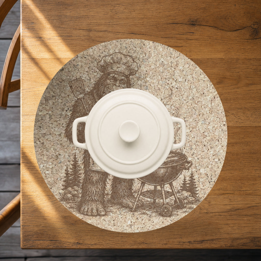 Grillin and Chillin Bigfoot Cork Trivet, BBQ Sasquatch Hot Pad, Funny Grill Gift for Dad, Round Kitchen Trivet, Made in Ohio