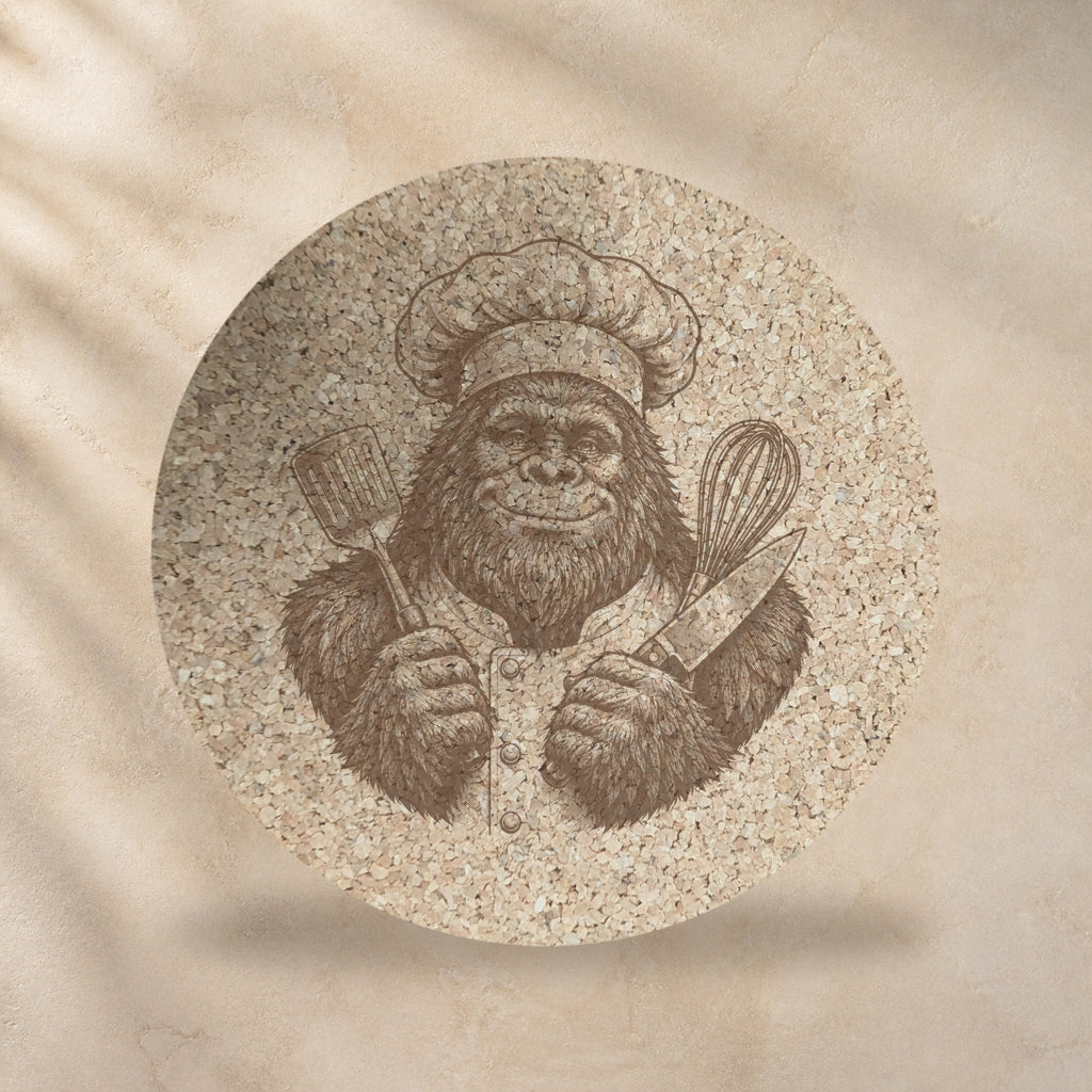 Round cork trivet with closeup of Bigfoot in a chef hat giving thumbs up