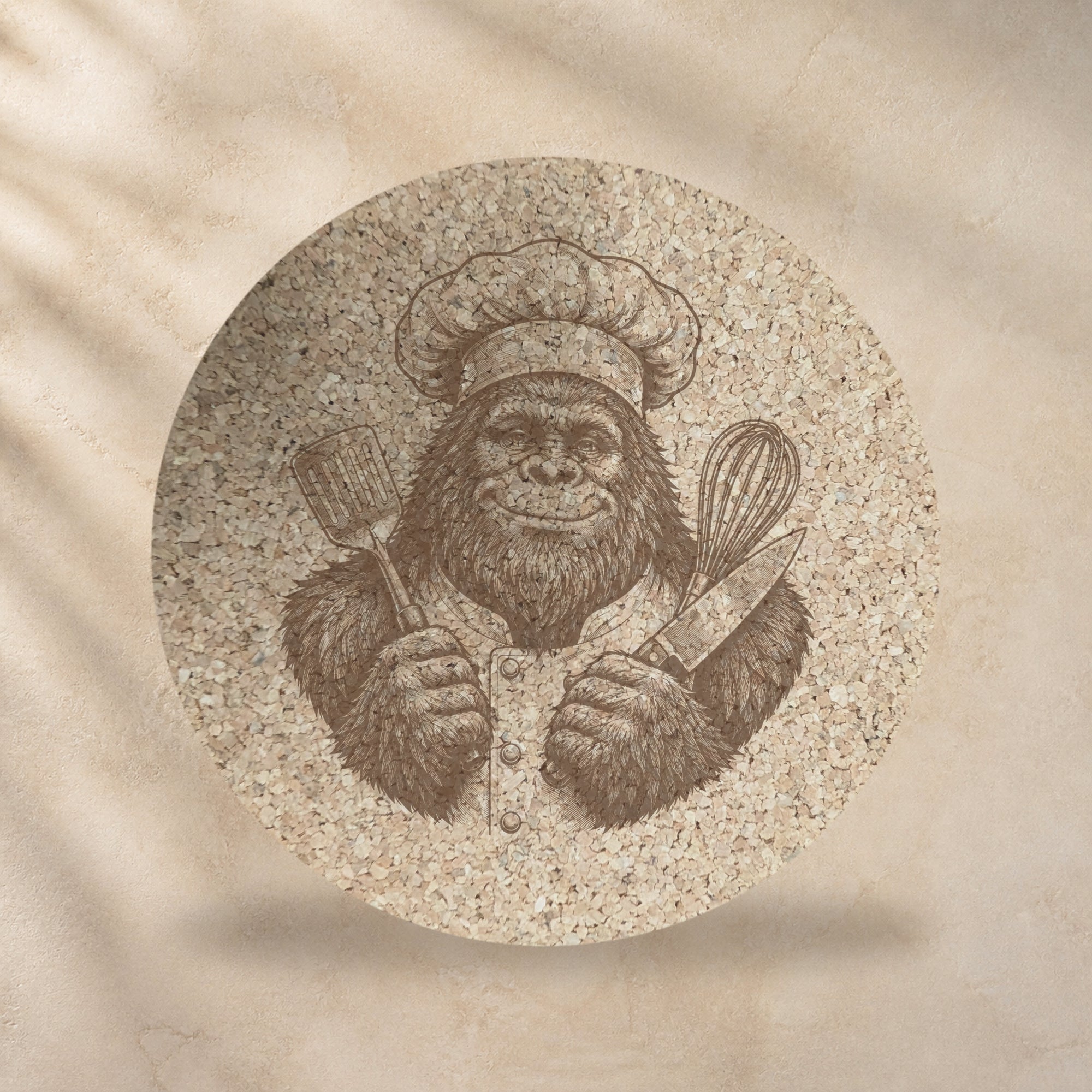 Round cork trivet with closeup of Bigfoot in a chef hat giving thumbs up
