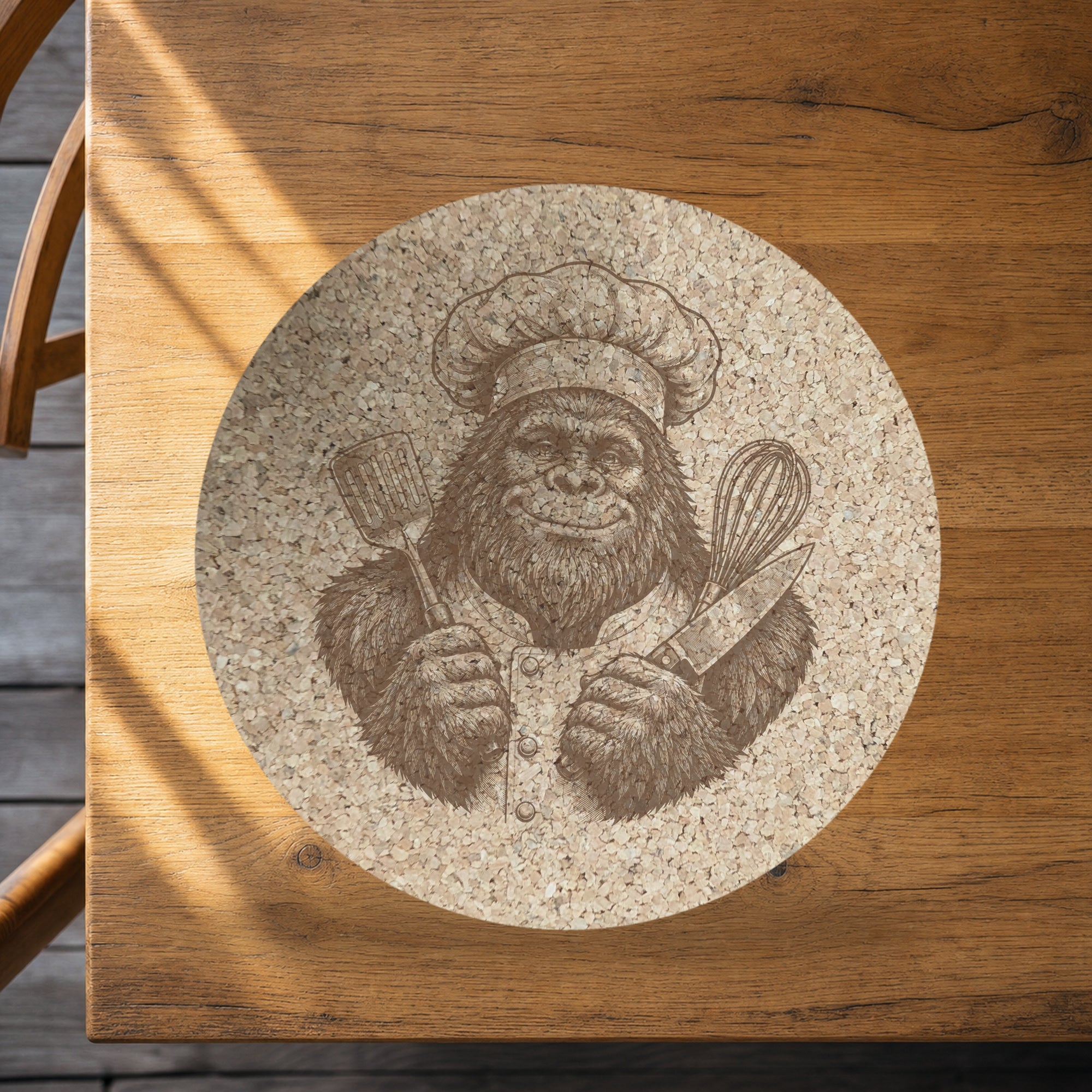 Chef Bigfoot Cork Trivet, Sasquatch Cook Kitchen Hot Pad, Funny Round Trivet for Hot Pots, Gift for Home Chef, Made in Ohio
