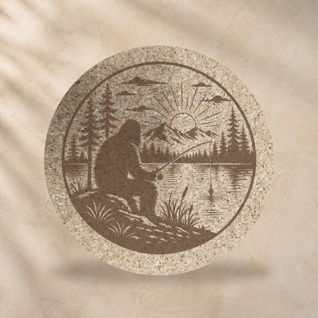 Round cork trivet with Bigfoot fishing at a lake, sepia scene on natural cork