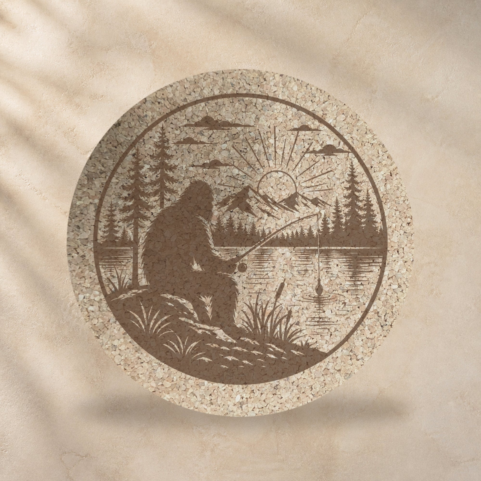 Round cork trivet with Bigfoot fishing at a lake, sepia scene on natural cork