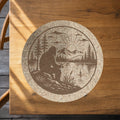 Fishing Bigfoot Cork Trivet, Sasquatch Lake Cabin Kitchen Decor, Round Hot Pad, Gift for Fisherman, Made in Ohio