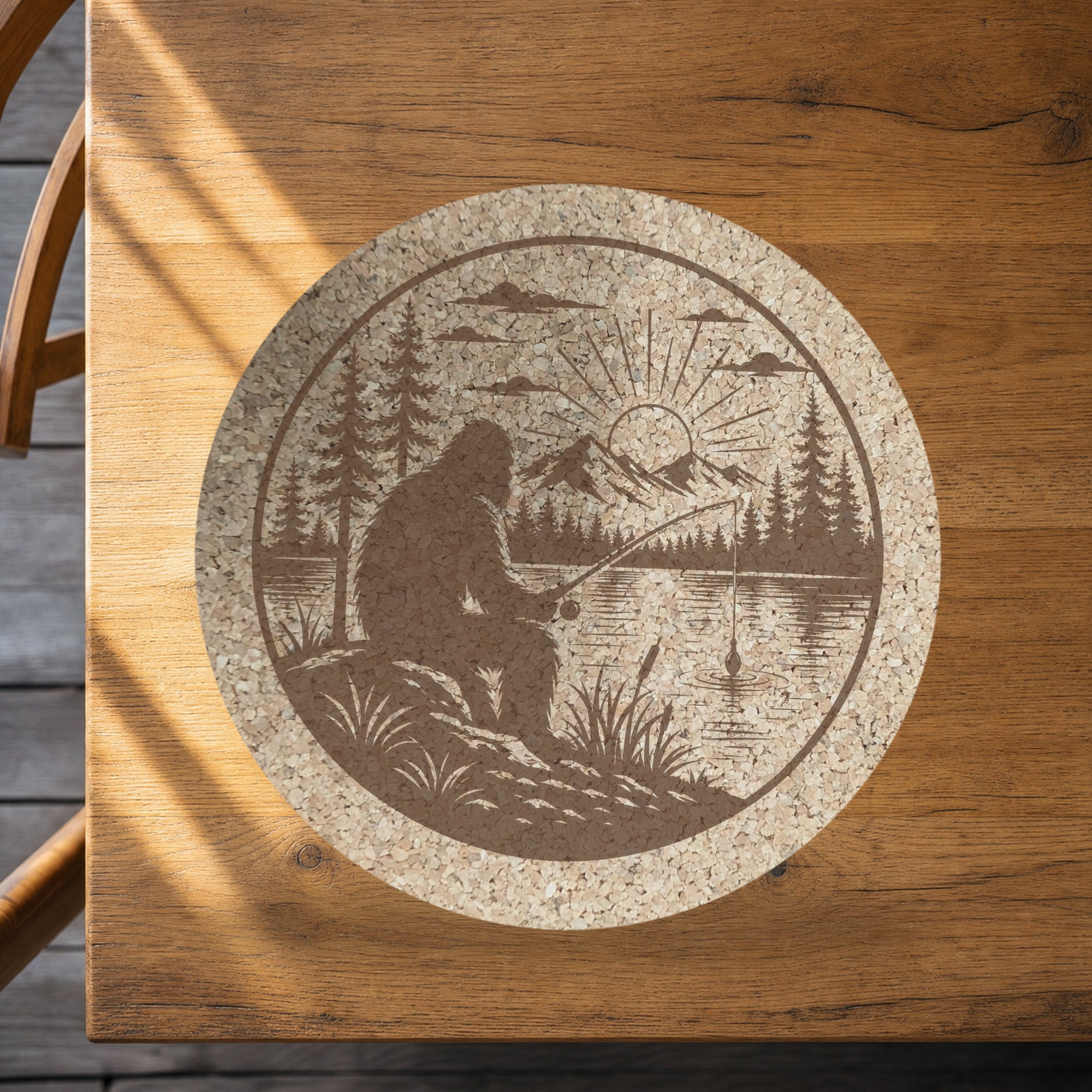 Fishing Bigfoot Cork Trivet, Sasquatch Lake Cabin Kitchen Decor, Round Hot Pad, Gift for Fisherman, Made in Ohio