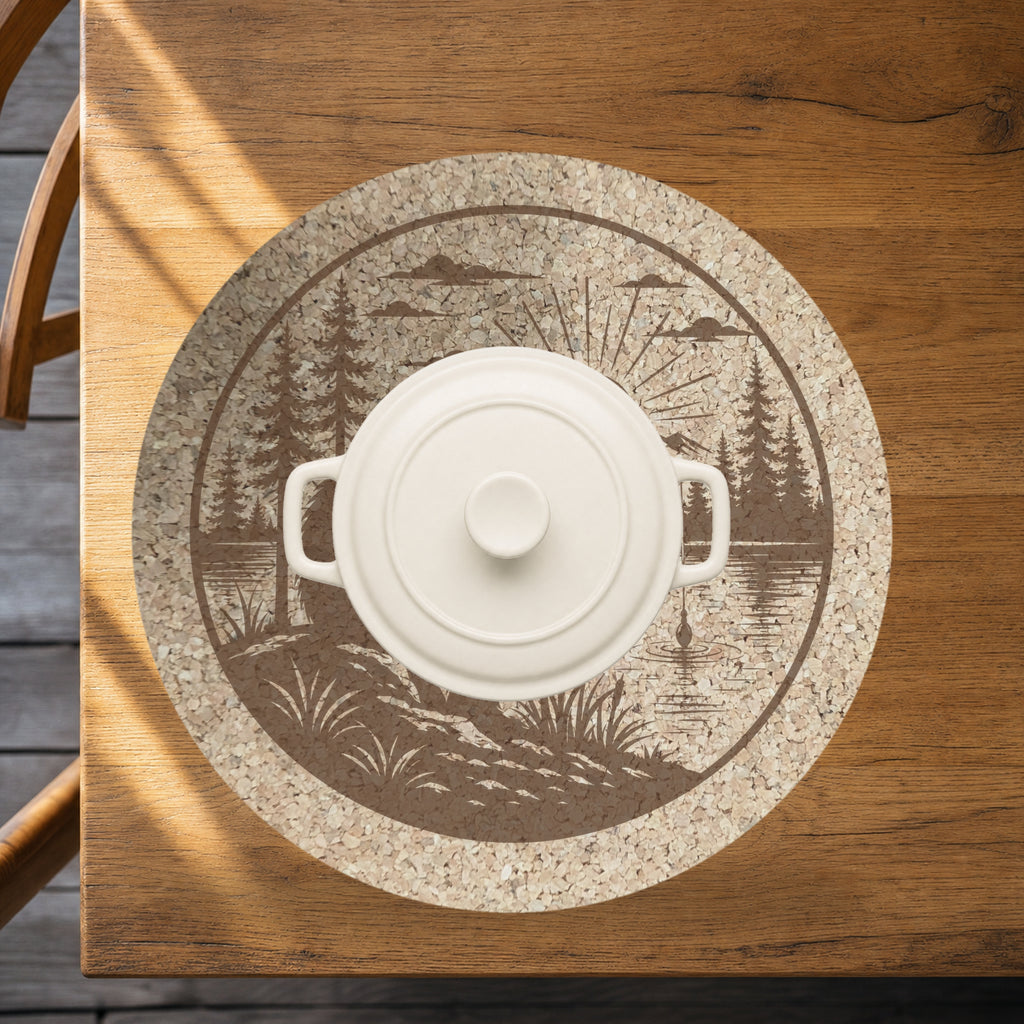 Fishing Bigfoot Cork Trivet, Sasquatch Lake Cabin Kitchen Decor, Round Hot Pad, Gift for Fisherman, Made in Ohio