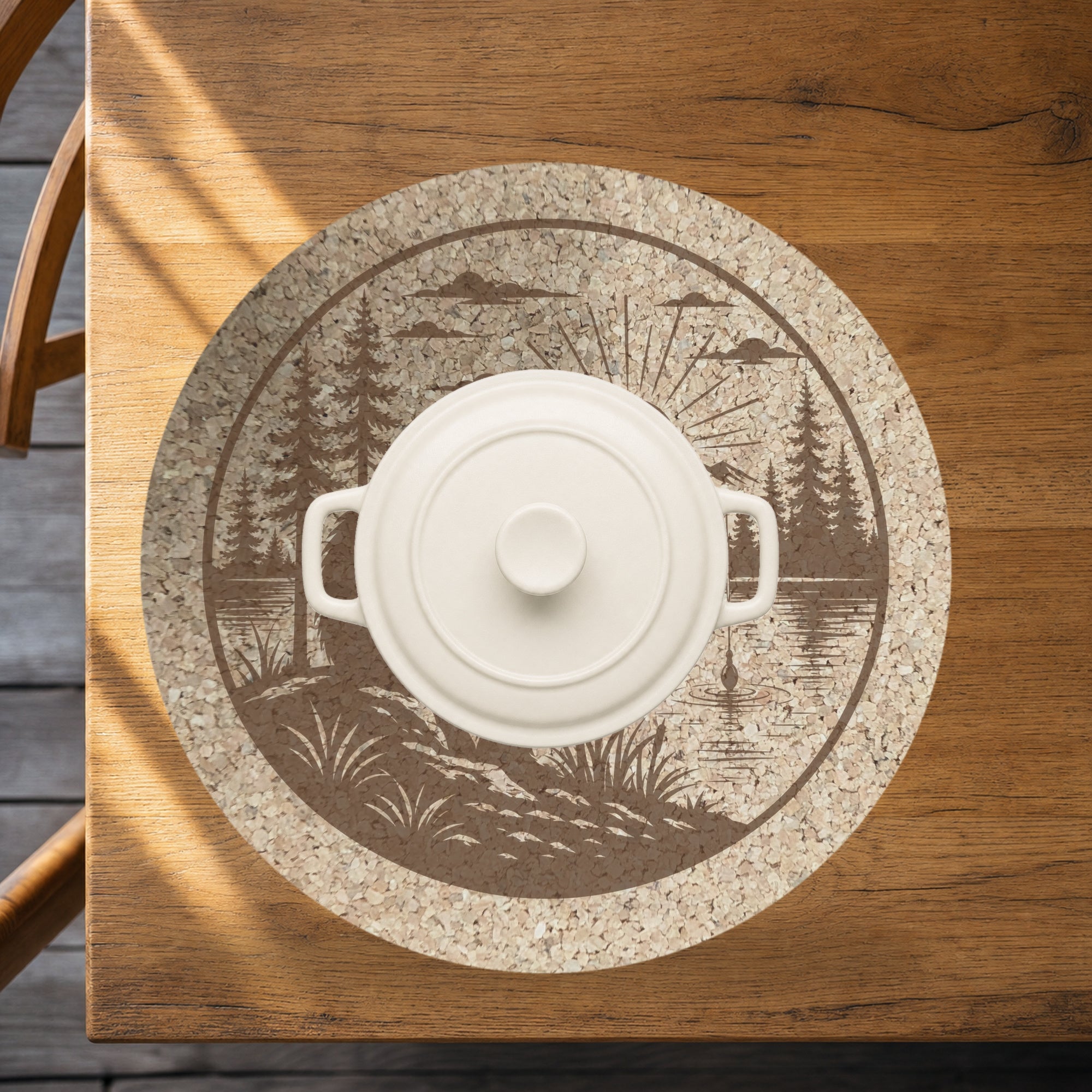 Fishing Bigfoot Cork Trivet, Sasquatch Lake Cabin Kitchen Decor, Round Hot Pad, Gift for Fisherman, Made in Ohio