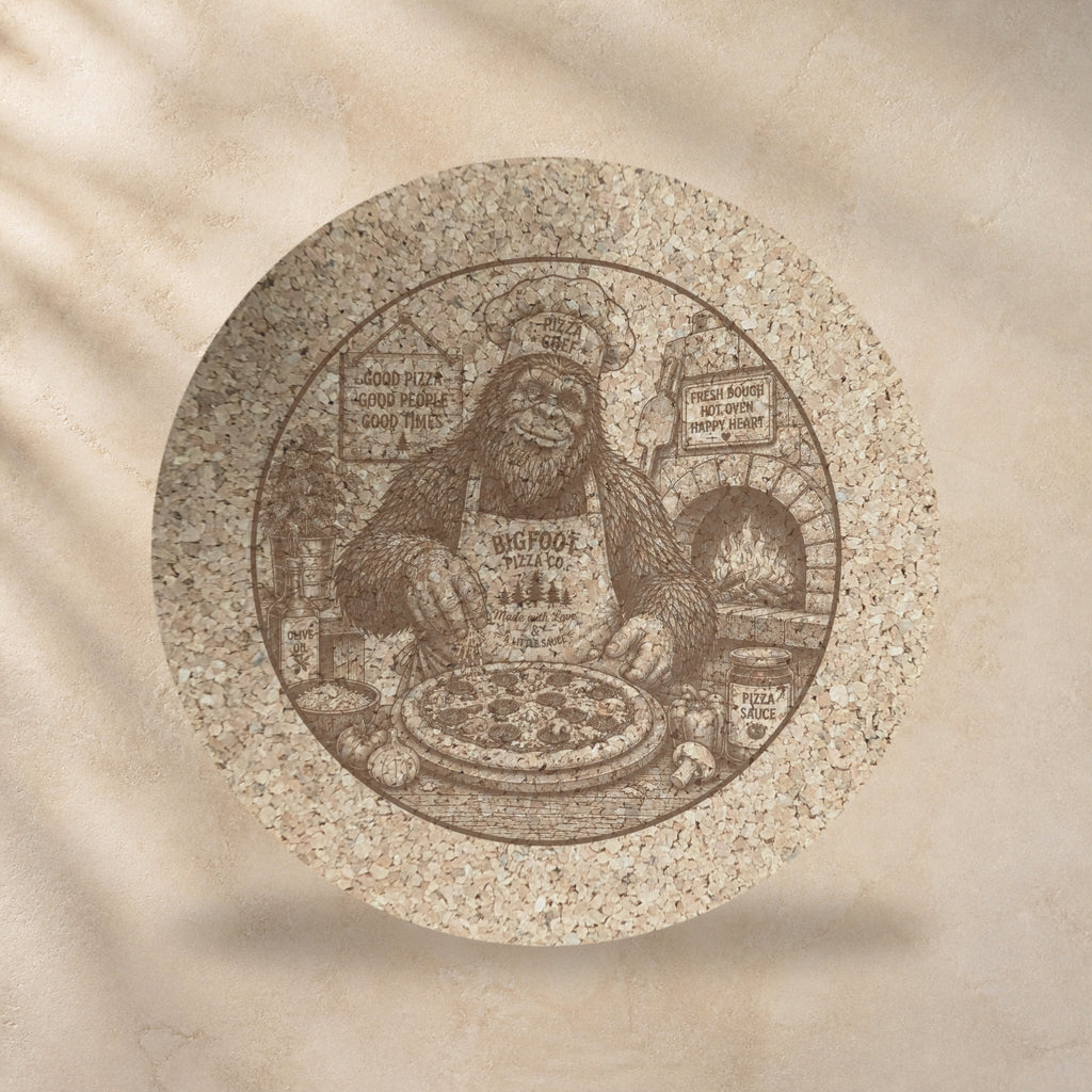 Round cork trivet with Bigfoot making pizza at a brick oven, warm brown cork print