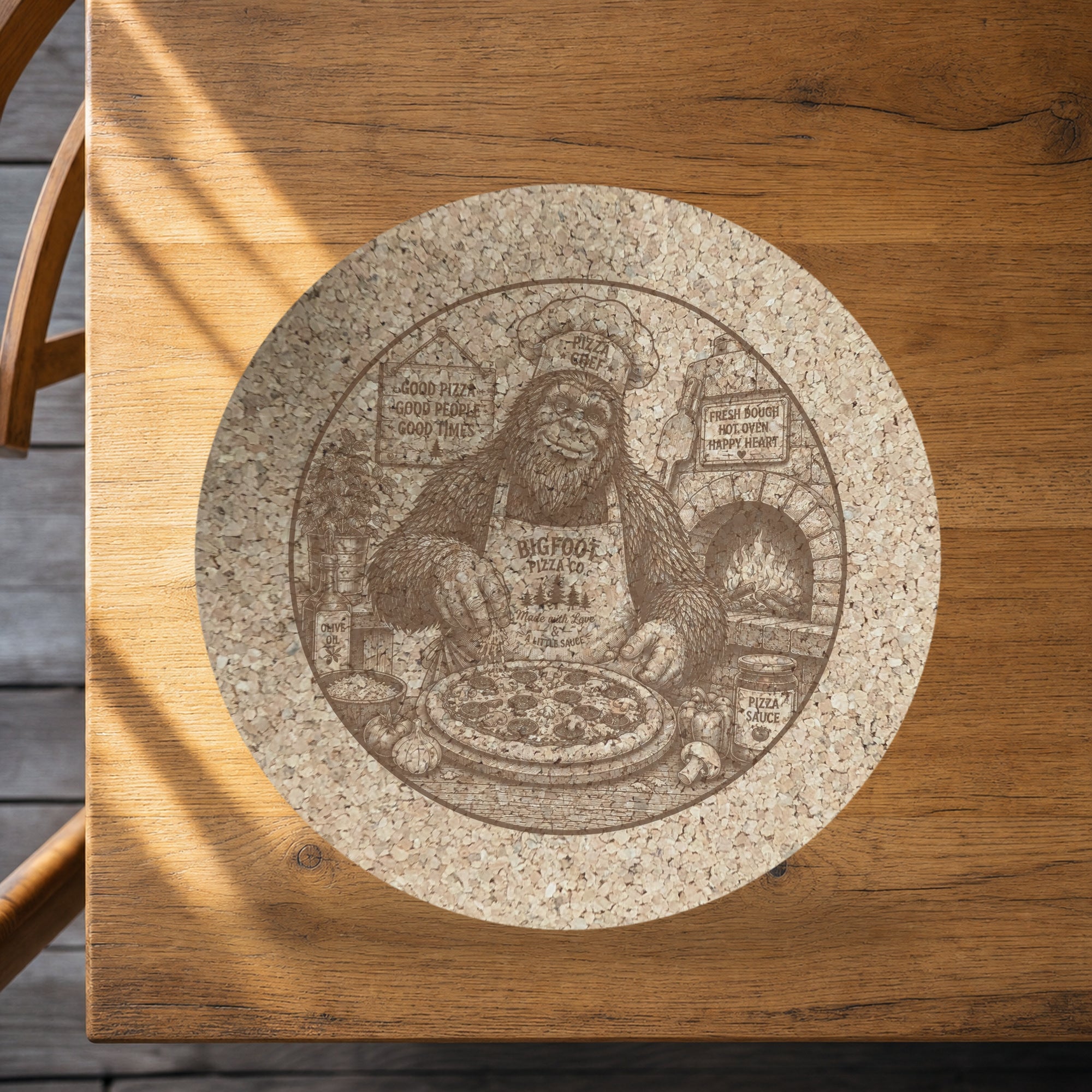 Pizza Bigfoot Cork Trivet, Funny Sasquatch Pizza Night Hot Pad, Round Kitchen Trivet, Pizza Lover Gift, Made in Ohio