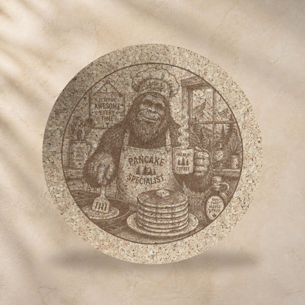 Round cork trivet with Bigfoot flipping pancakes, sepia print on natural cork