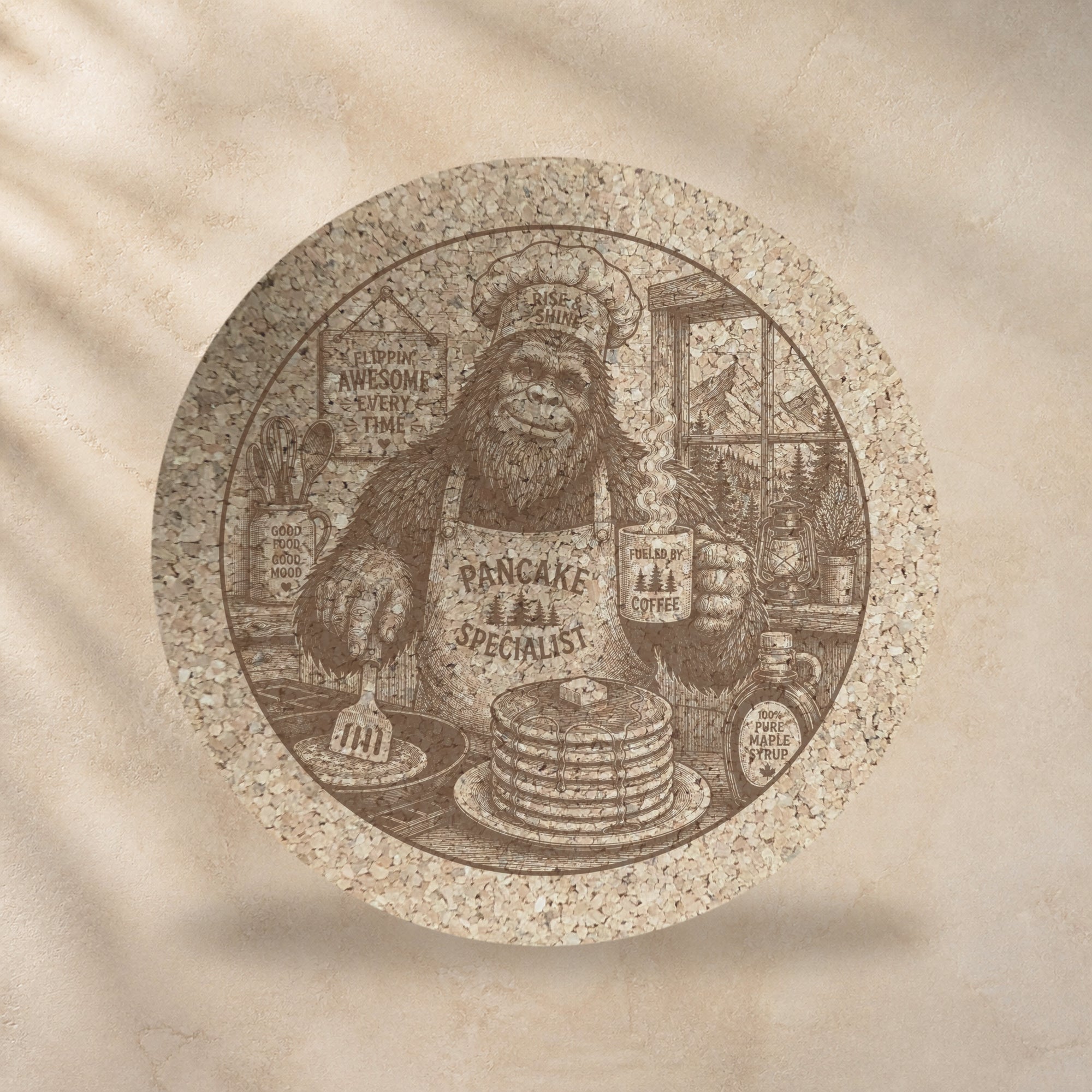 Round cork trivet with Bigfoot flipping pancakes, sepia print on natural cork