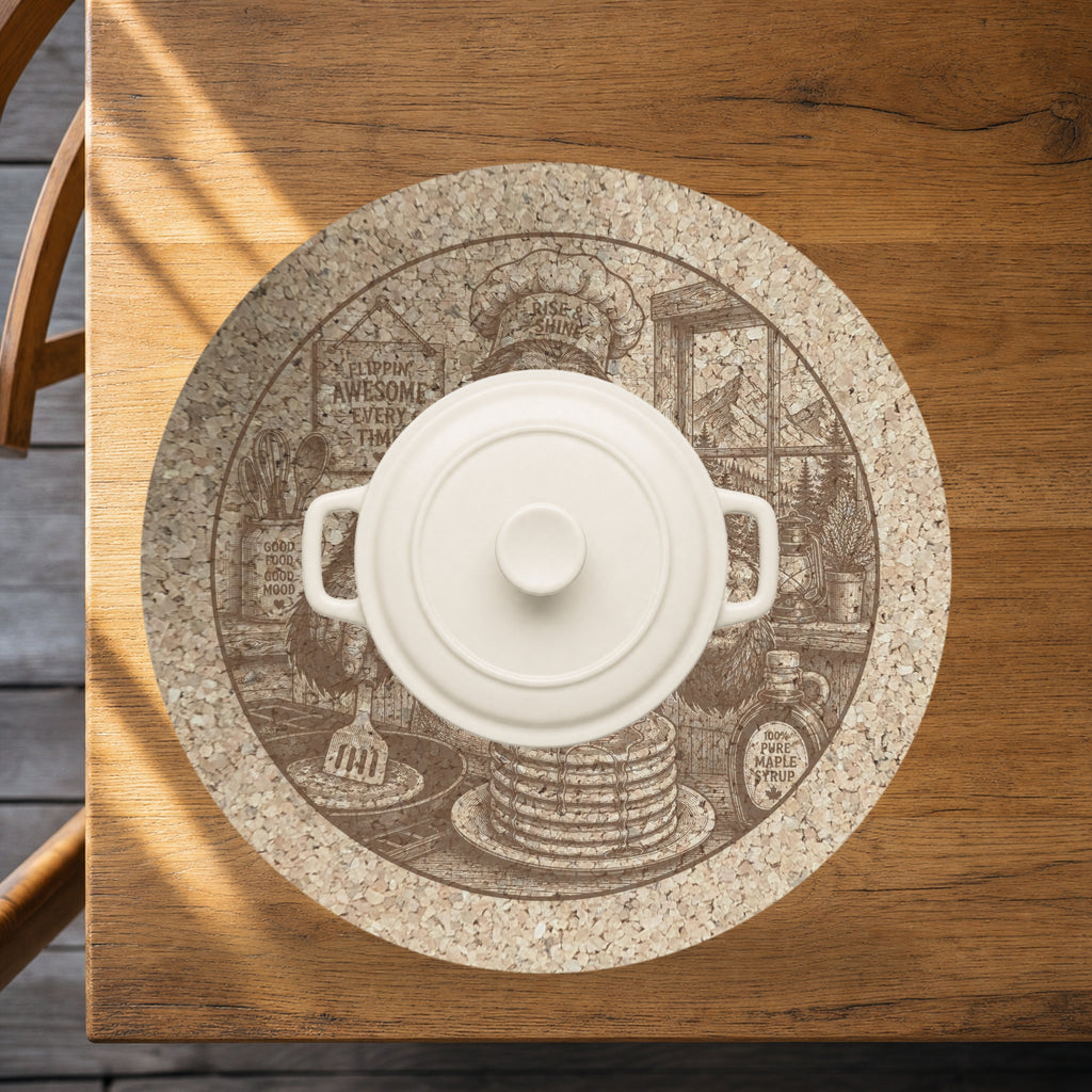 Pancake Bigfoot Cork Trivet, Funny Sasquatch Breakfast Hot Pad, Round Kitchen Trivet, Brunch Lover Gift, Made in Ohio