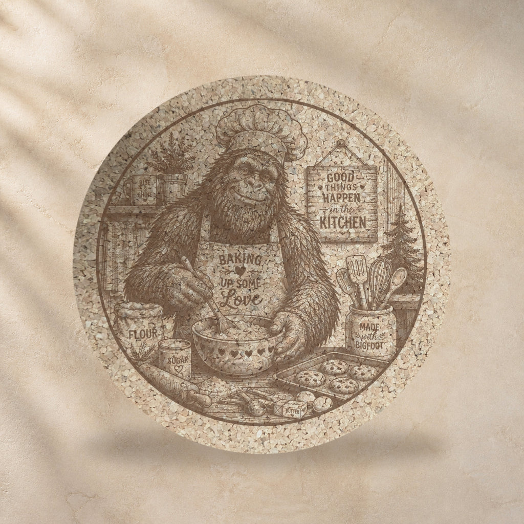 Round cork trivet with Bigfoot baking, warm brown print on natural cork
