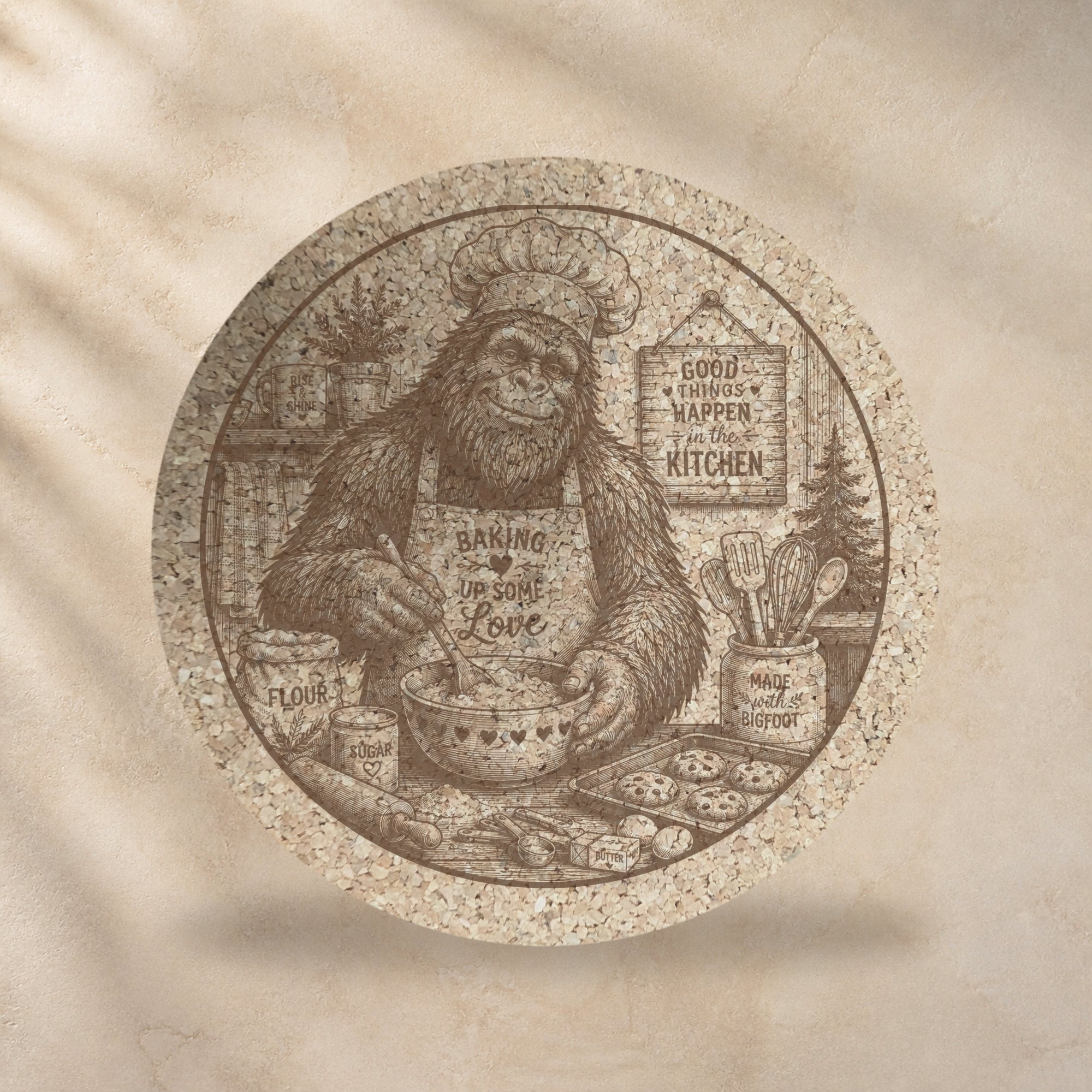 Round cork trivet with Bigfoot baking, warm brown print on natural cork