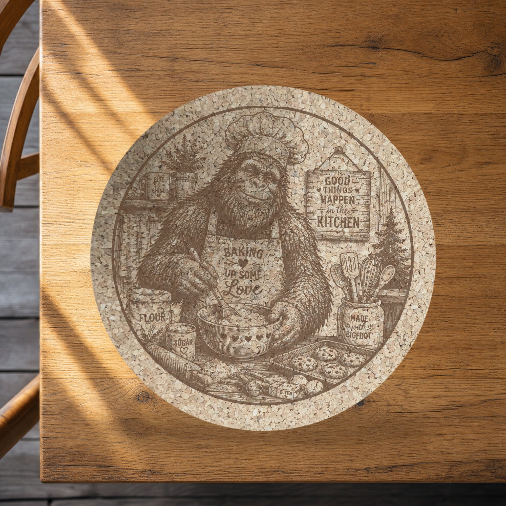 Baking Bigfoot Cork Trivet, Funny Sasquatch Baker Hot Pad, Round Trivet for Hot Dishes, Baker Gift, Made in Ohio