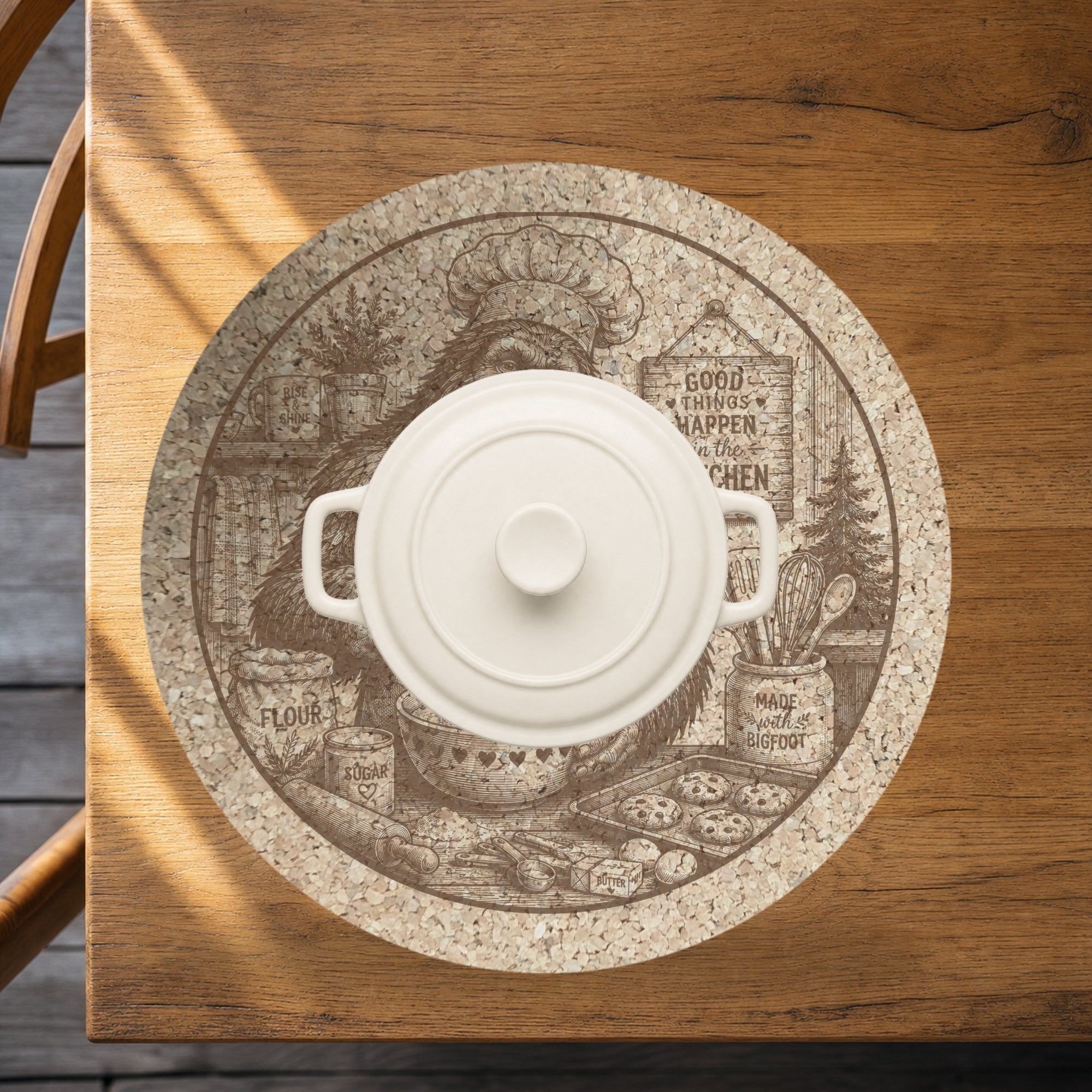 Baking Bigfoot Cork Trivet, Funny Sasquatch Baker Hot Pad, Round Trivet for Hot Dishes, Baker Gift, Made in Ohio
