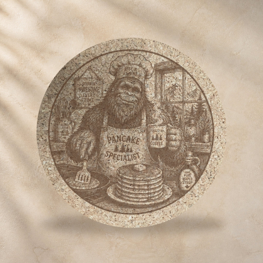 Round cork trivet with full Bigfoot pancake breakfast scene in sepia on cork