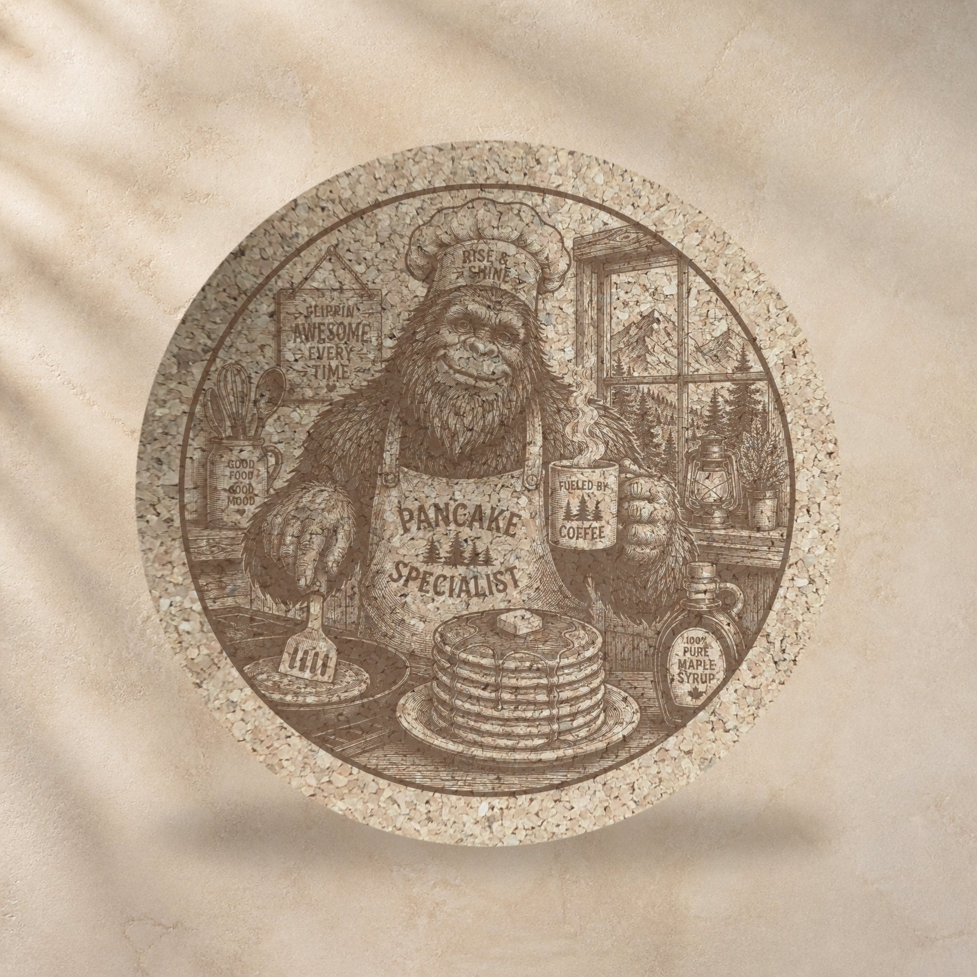 Round cork trivet with full Bigfoot pancake breakfast scene in sepia on cork