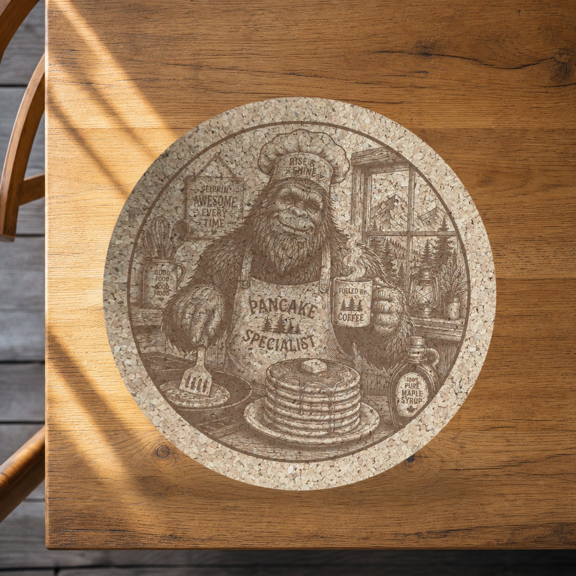 Bigfoot Pancake Breakfast Cork Trivet, Sasquatch Diner Scene Hot Pad, Round Kitchen Trivet, Funny Kitchen Gift, Made in Ohio