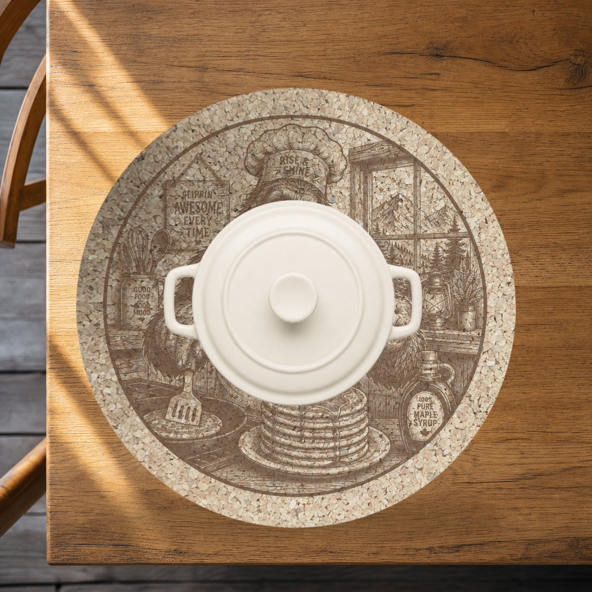 Bigfoot Pancake Breakfast Cork Trivet, Sasquatch Diner Scene Hot Pad, Round Kitchen Trivet, Funny Kitchen Gift, Made in Ohio