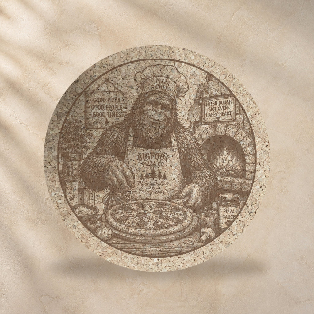 Round cork trivet with Bigfoot pizzeria scene, warm sepia tones on natural cork
