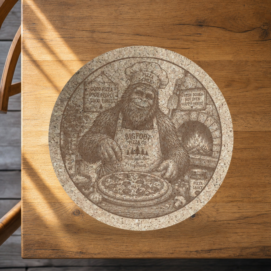 Bigfoot Pizzeria Cork Trivet, Sasquatch Pizza Scene Hot Pad, Round Kitchen Trivet, Funny Pizza Kitchen Gift, Made in Ohio