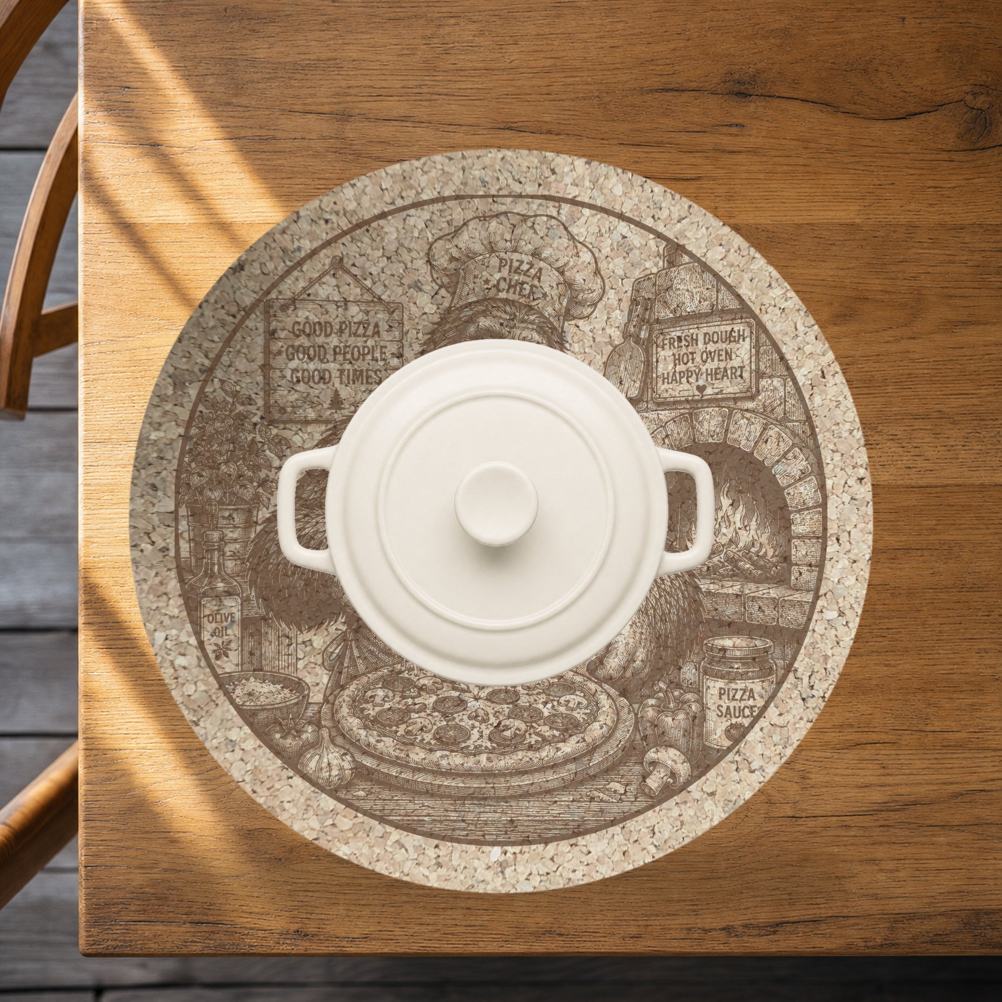 Bigfoot Pizzeria Cork Trivet, Sasquatch Pizza Scene Hot Pad, Round Kitchen Trivet, Funny Pizza Kitchen Gift, Made in Ohio