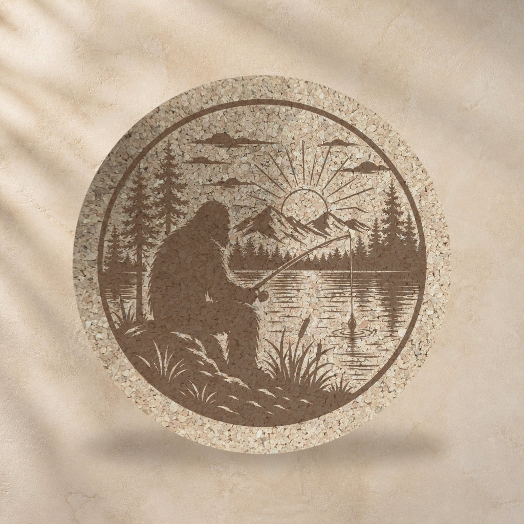 Round cork trivet with Bigfoot fishing at sunrise, sepia lake scene on cork