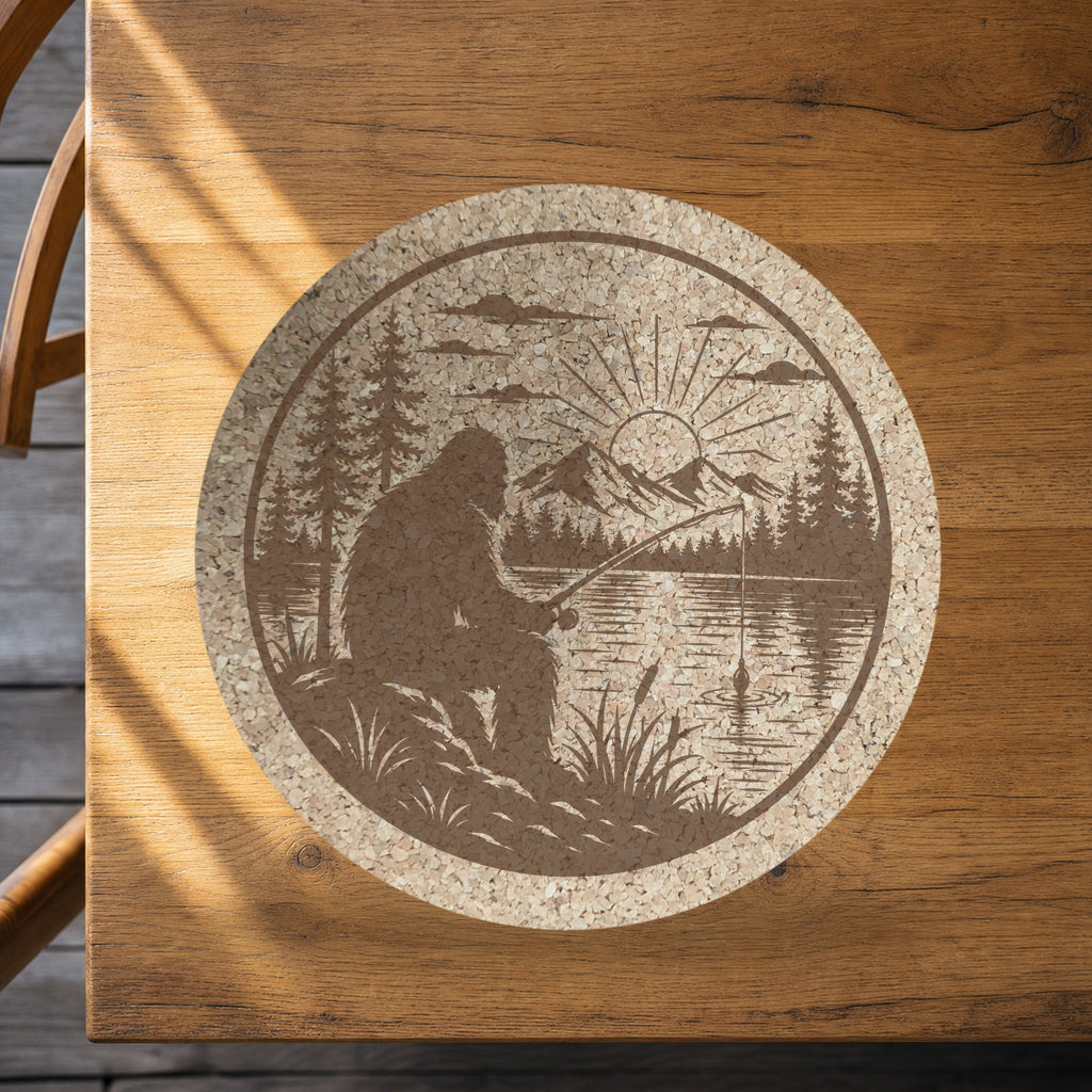 Sunrise Fishing Bigfoot Cork Trivet, Sasquatch Lake Scene Hot Pad, Round Cabin Kitchen Trivet, Fisherman Gift, Made in Ohio