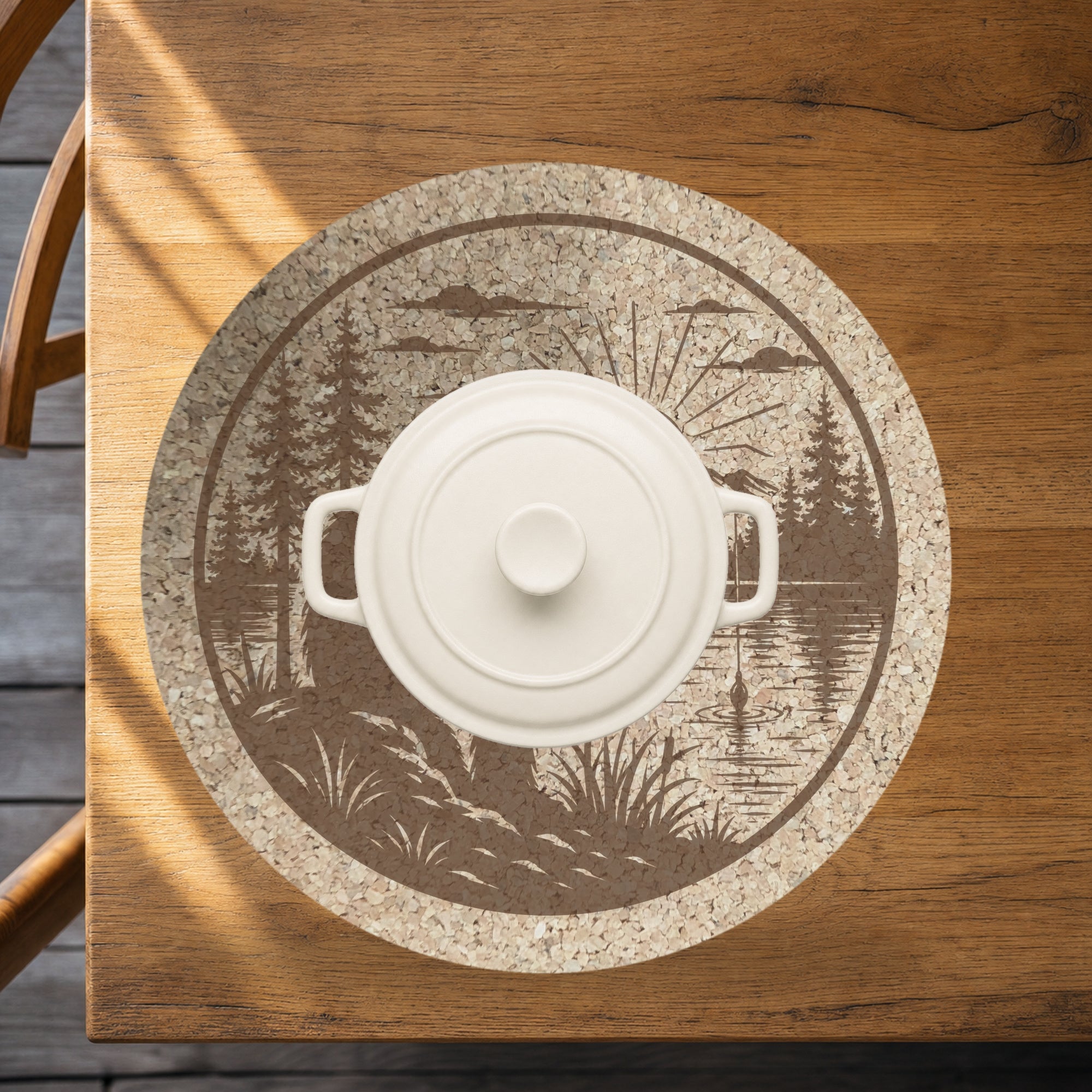 Sunrise Fishing Bigfoot Cork Trivet, Sasquatch Lake Scene Hot Pad, Round Cabin Kitchen Trivet, Fisherman Gift, Made in Ohio