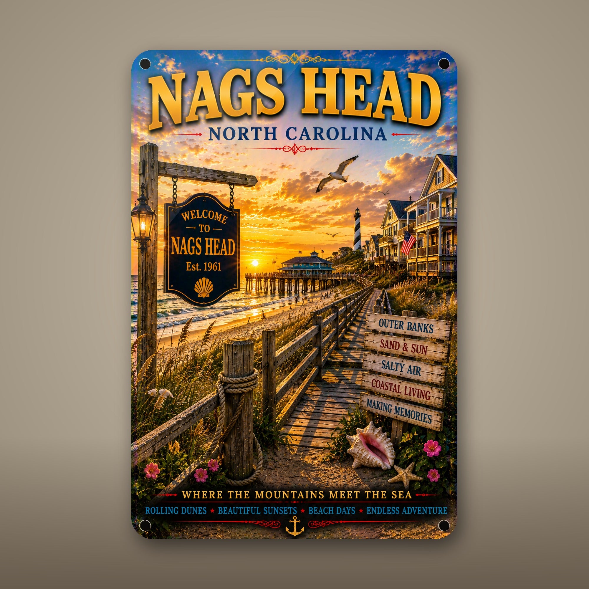 Nags Head Metal Wall Art, Aluminum Sign, North Carolina Coastal Decor, Beach Town Wall Hanging, Nautical Gift
