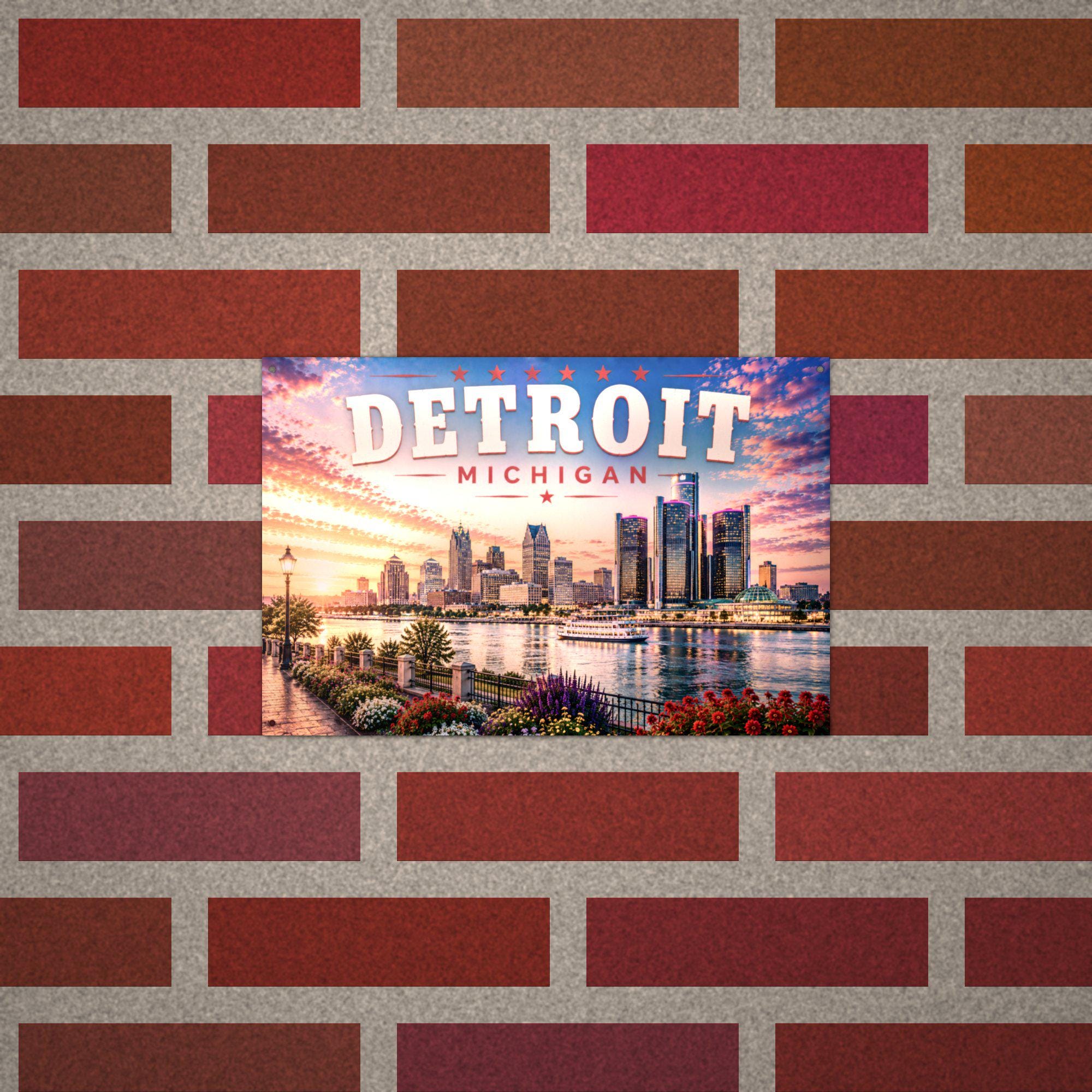 Detroit Skyline Art Aluminum Sign — lifestyle setting