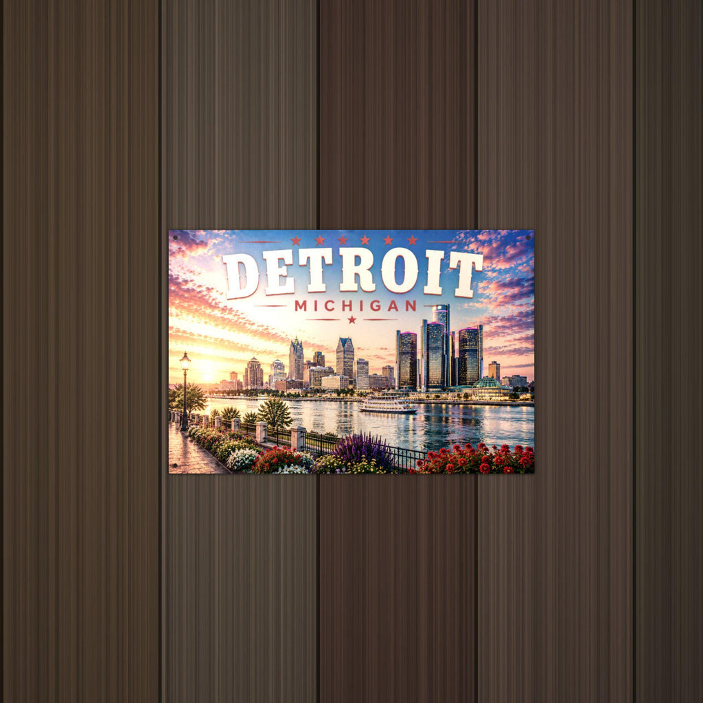 Detroit Skyline Art Aluminum Sign — detail view