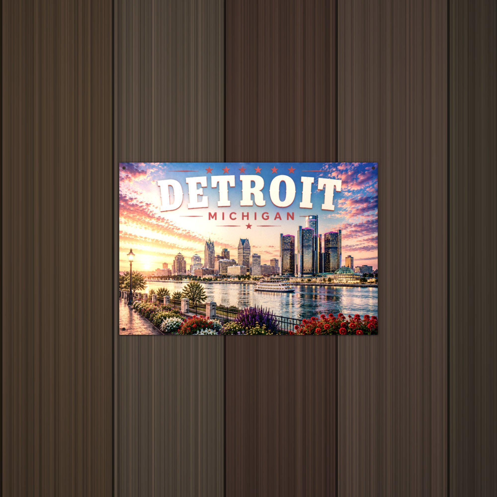Detroit Skyline Art Aluminum Sign — detail view