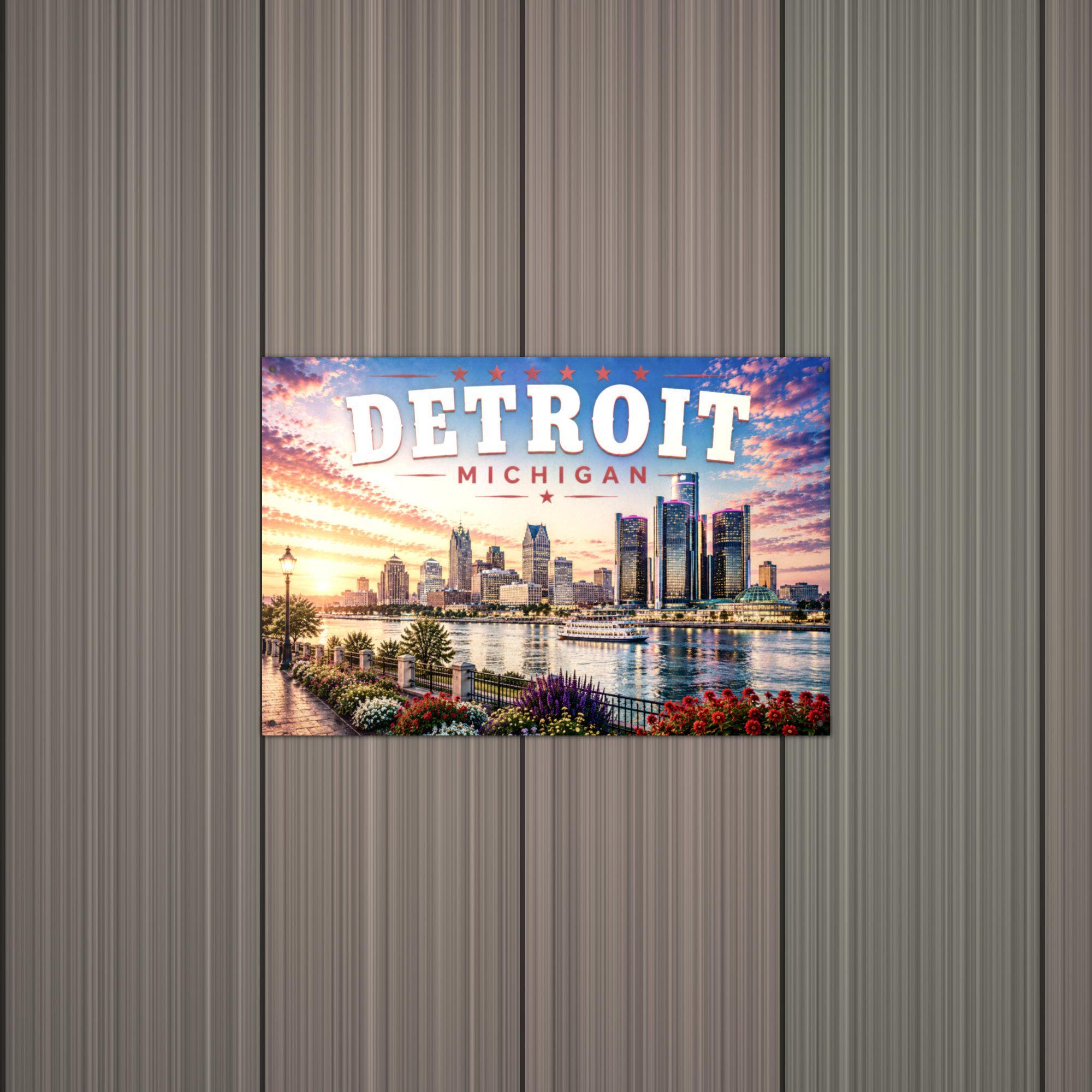 Detroit Skyline Art Aluminum Sign — alternate angle