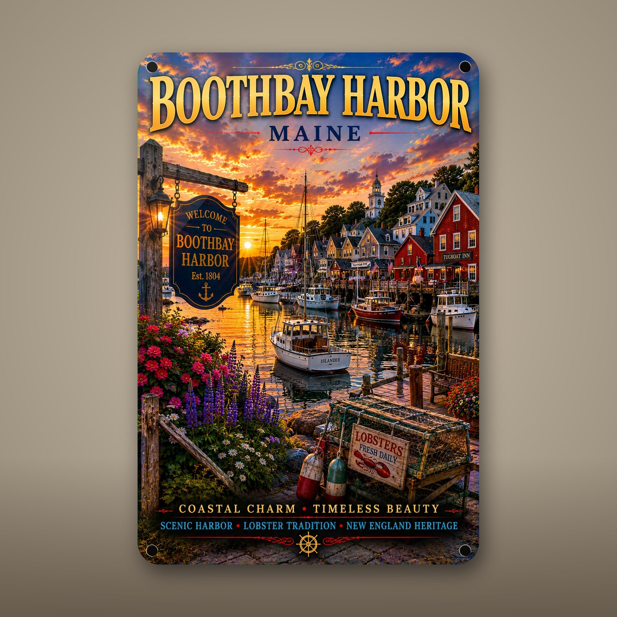 Boothbay Harbor Metal Wall Art, Aluminum Sign, Maine Coastal Decor, Beach Town Wall Hanging, Nautical Gift