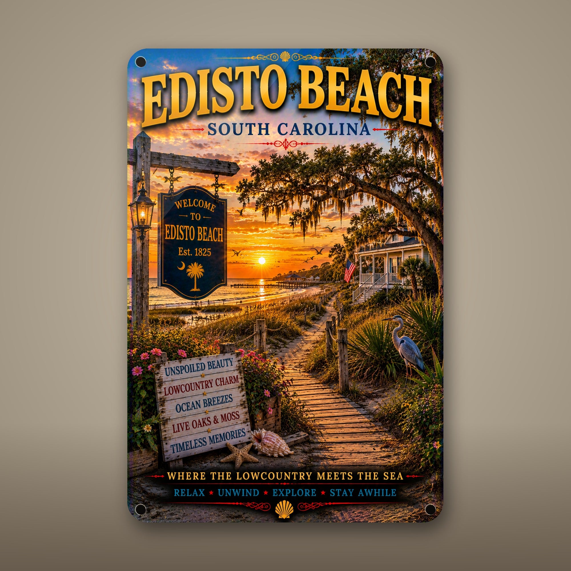 Edisto Beach Metal Wall Art, Aluminum Sign, South Carolina Coastal Decor, Beach Town Wall Hanging, Nautical Gift