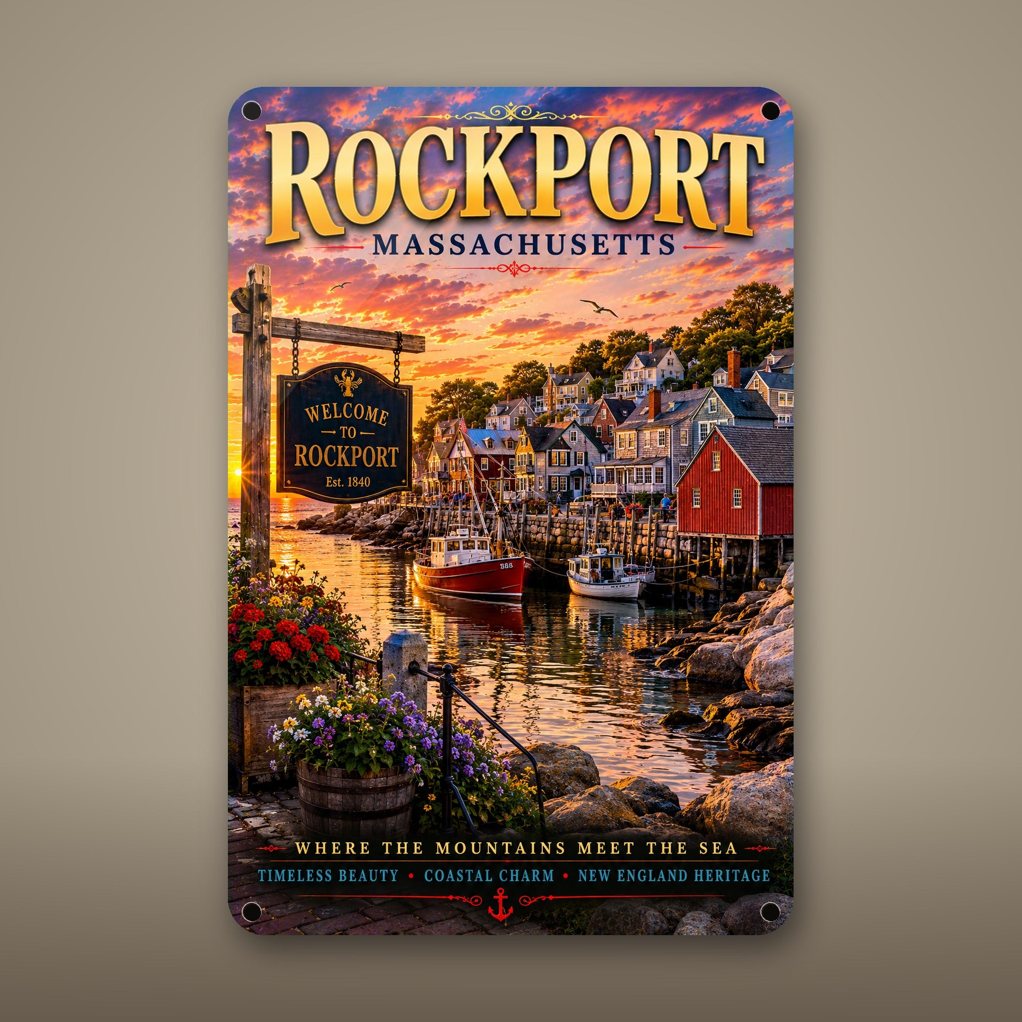 Rockport Metal Wall Art, Aluminum Sign, Massachusetts Coastal Decor, Beach Town Wall Hanging, Nautical Gift