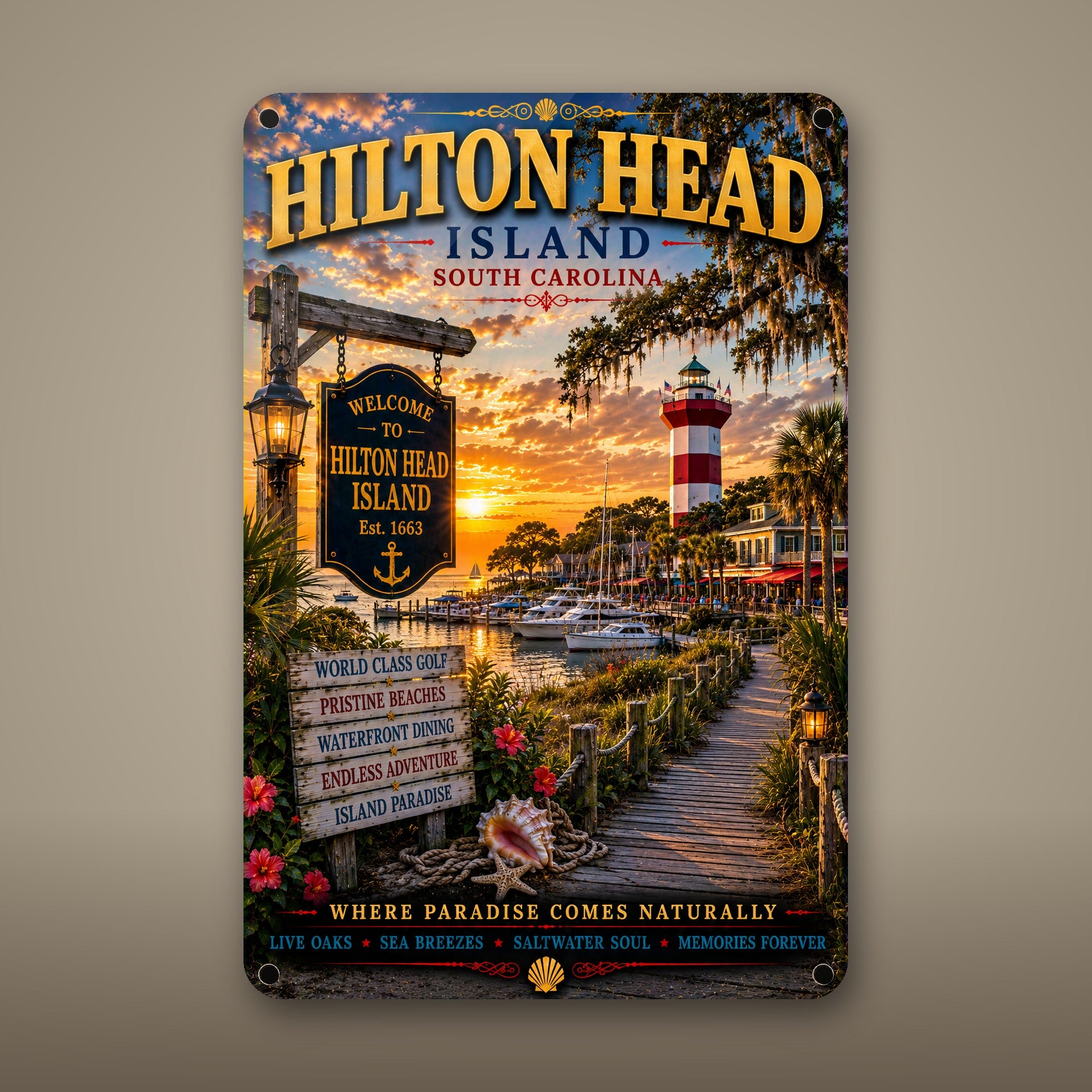 Hilton Head Island Metal Wall Art, Aluminum Sign, South Carolina Coastal Decor, Beach Town Wall Hanging, Nautical Gift