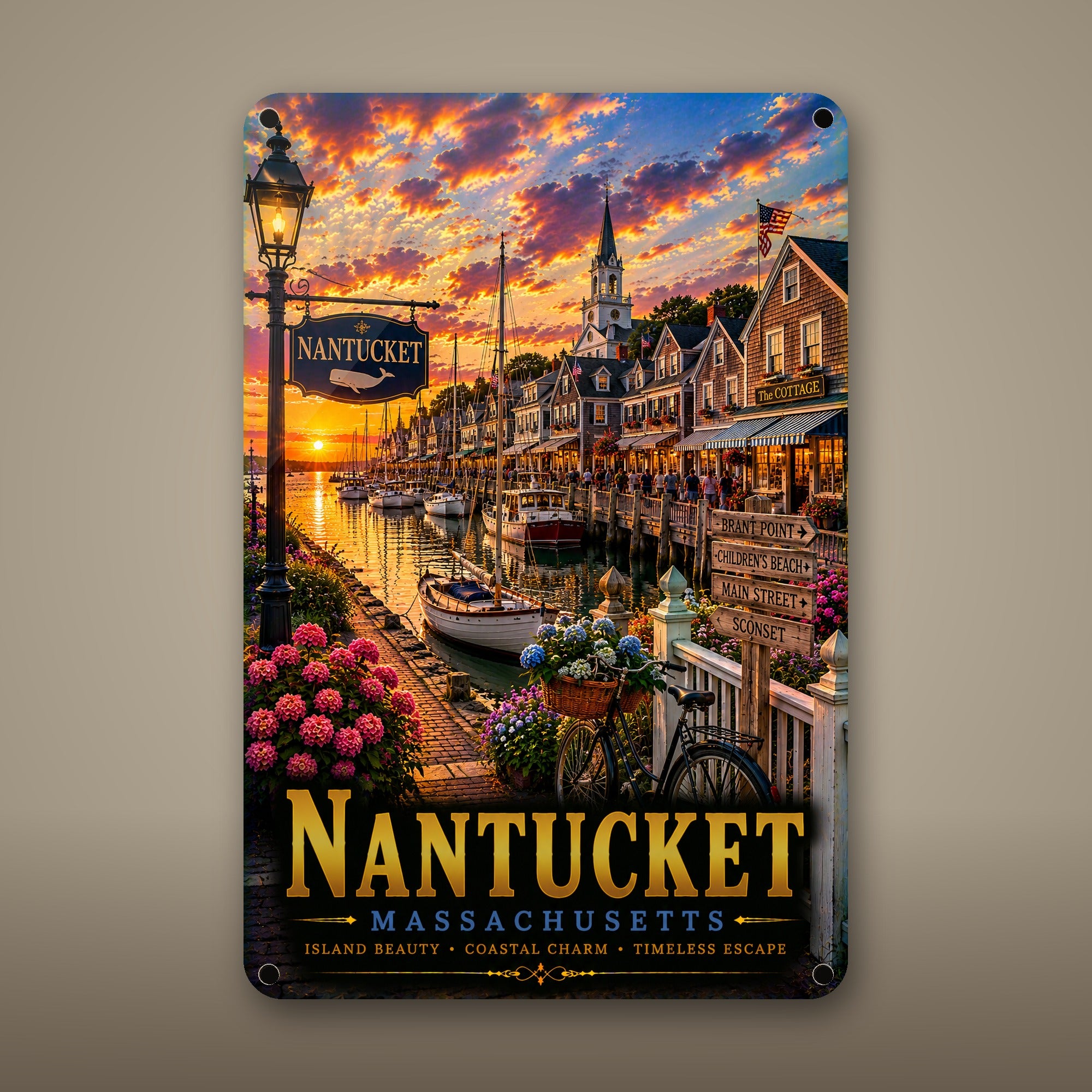 Nantucket Metal Wall Art, Aluminum Sign, Massachusetts Coastal Decor, Beach Town Wall Hanging, Nautical Gift